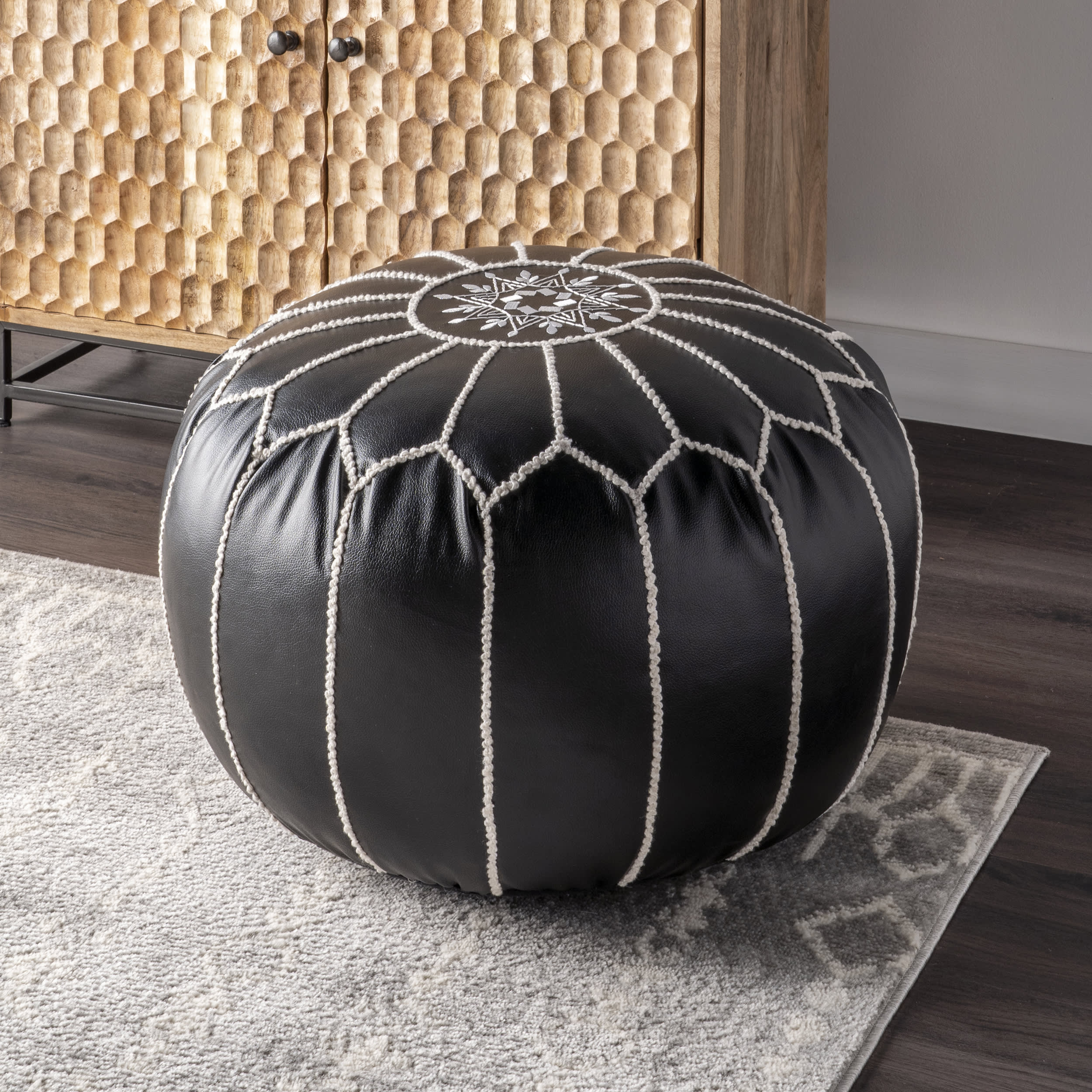 Faux Leather Pouf | Black - Image 2