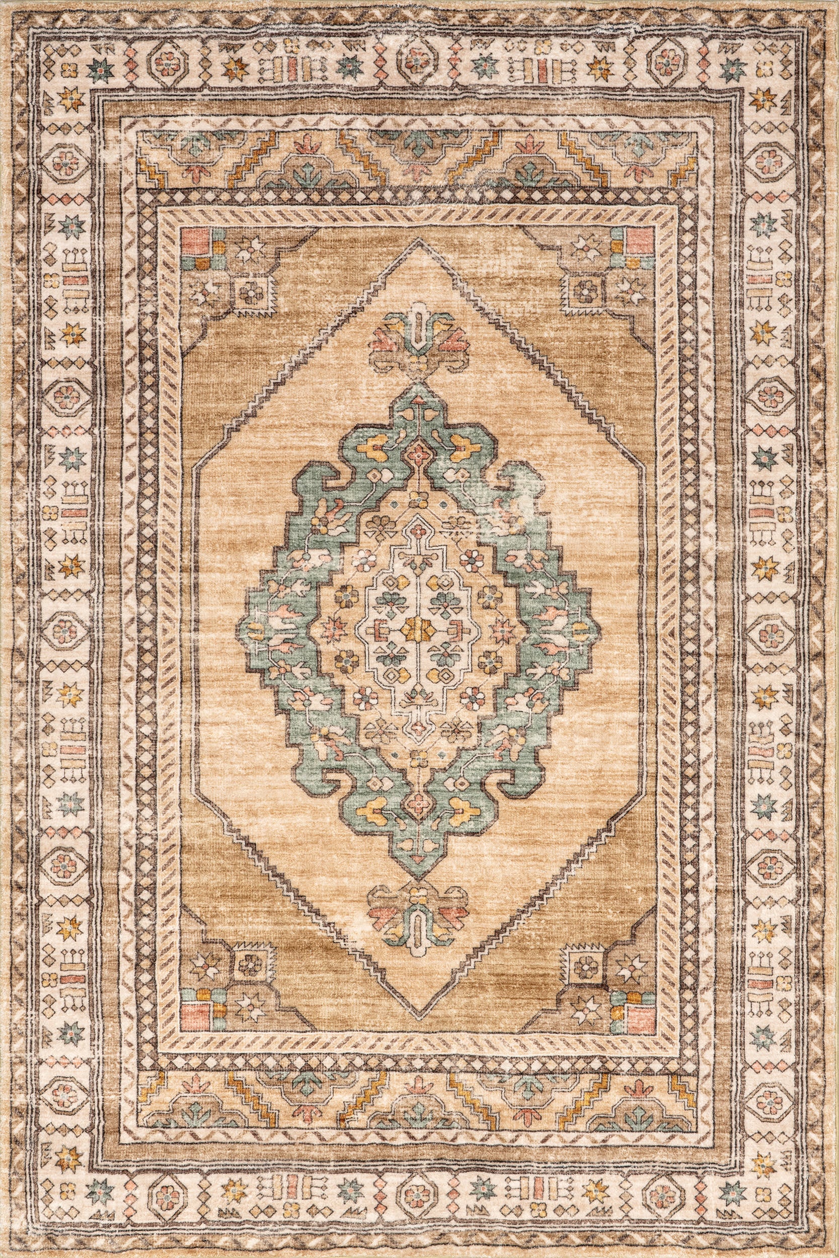 Fern Vintage Medallion Washable Rug | Light Brown