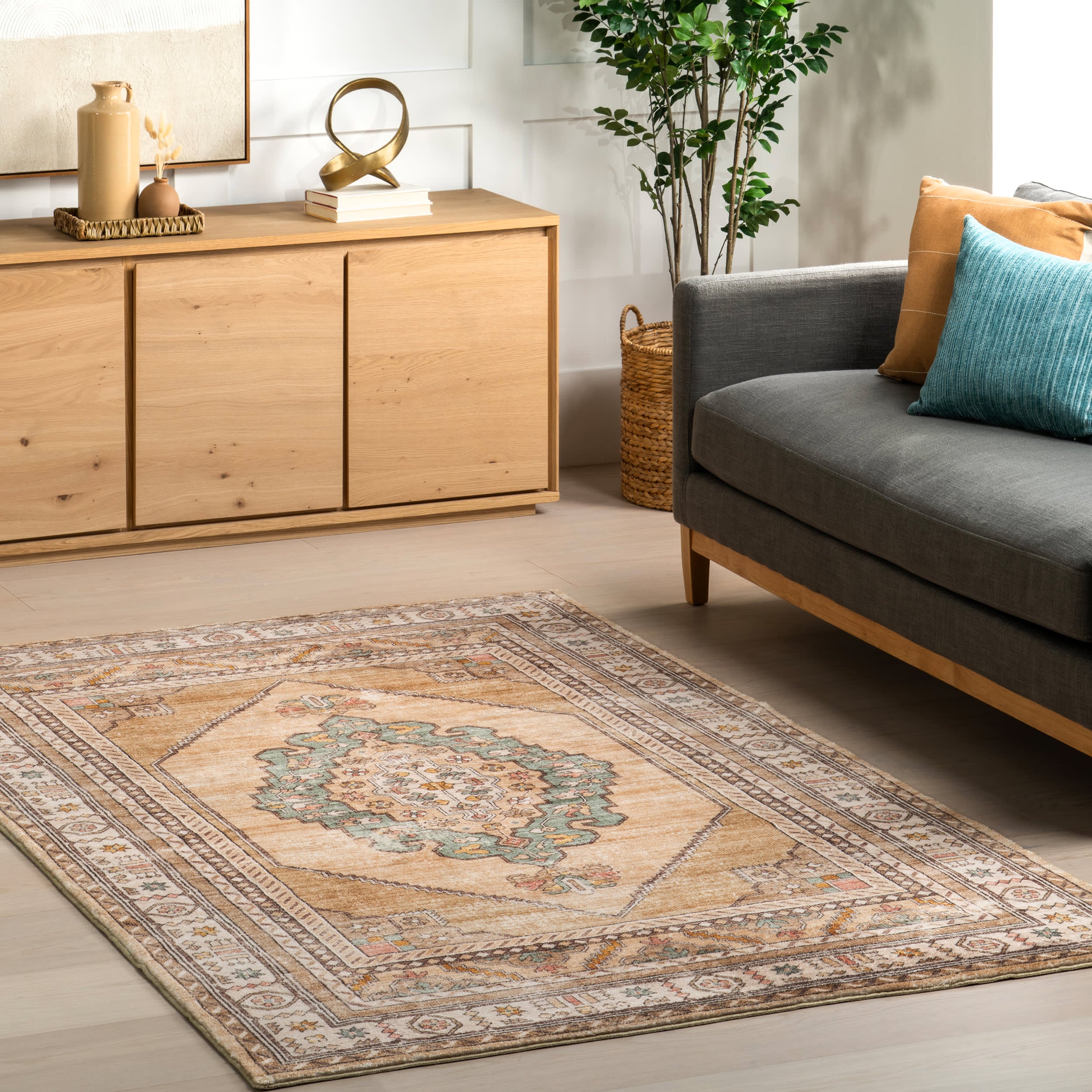 Fern Vintage Medallion Washable Rug | Light Brown - Image 2