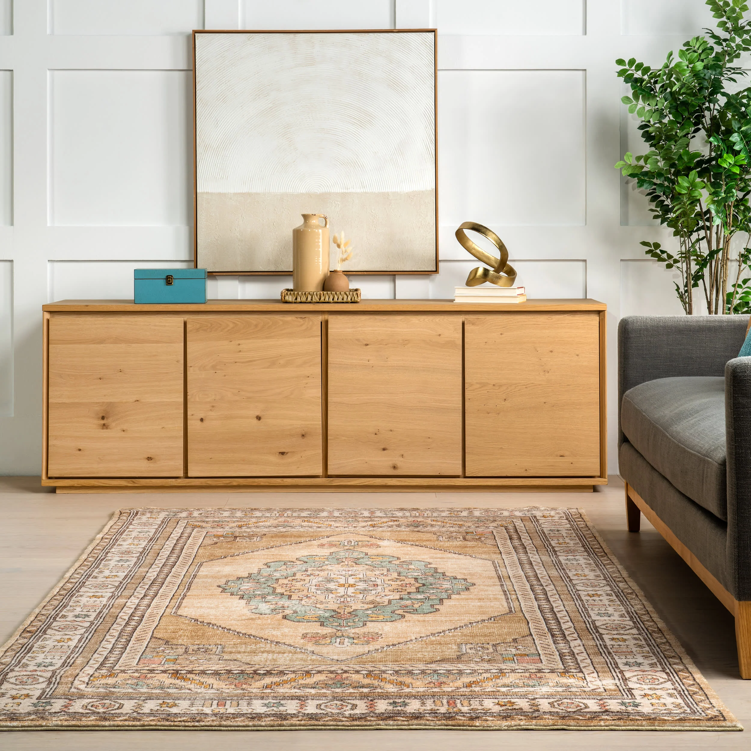 Fern Vintage Medallion Washable Rug | Light Brown - Image 4