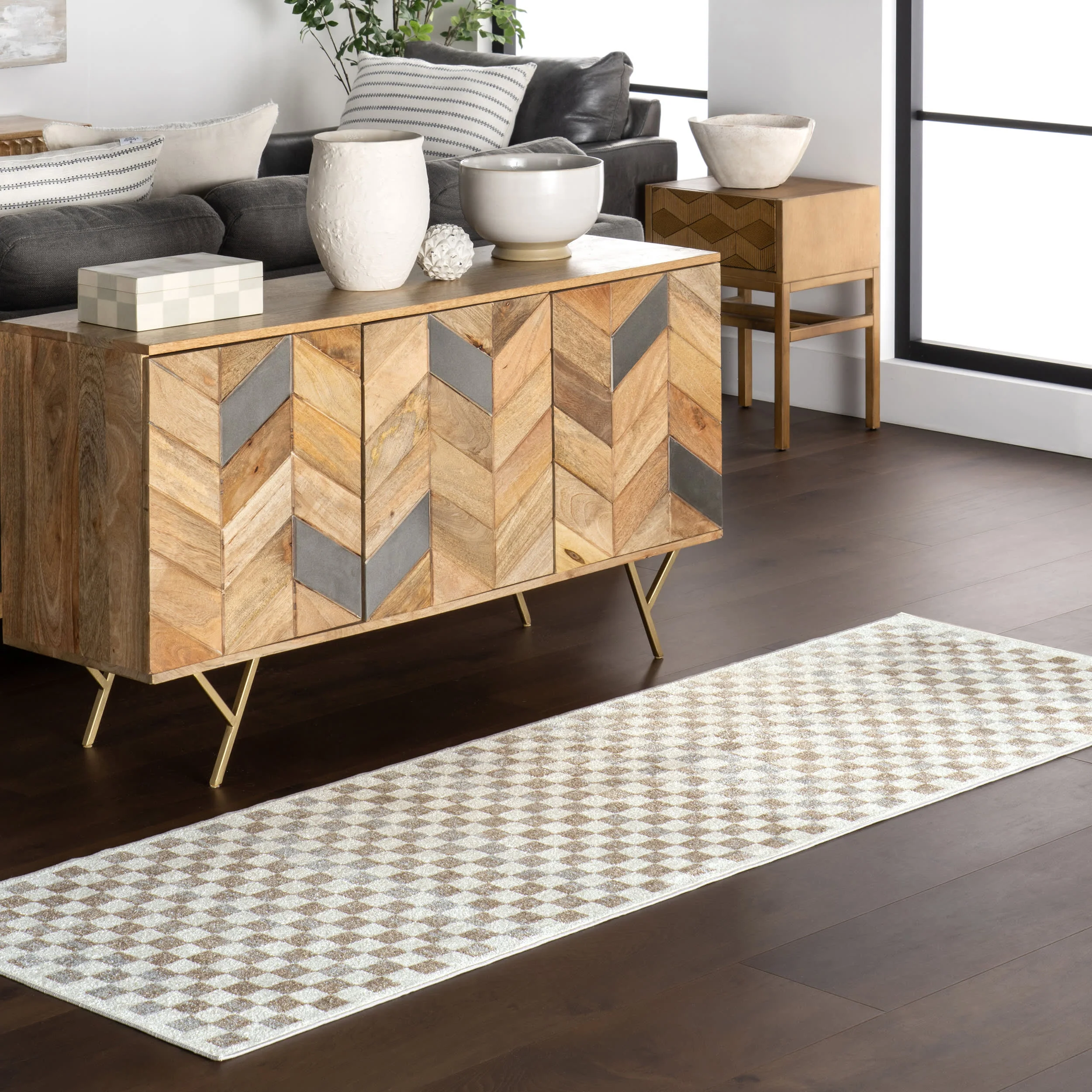 Finley Retro Checkered Washable Rug | Beige - Image 2