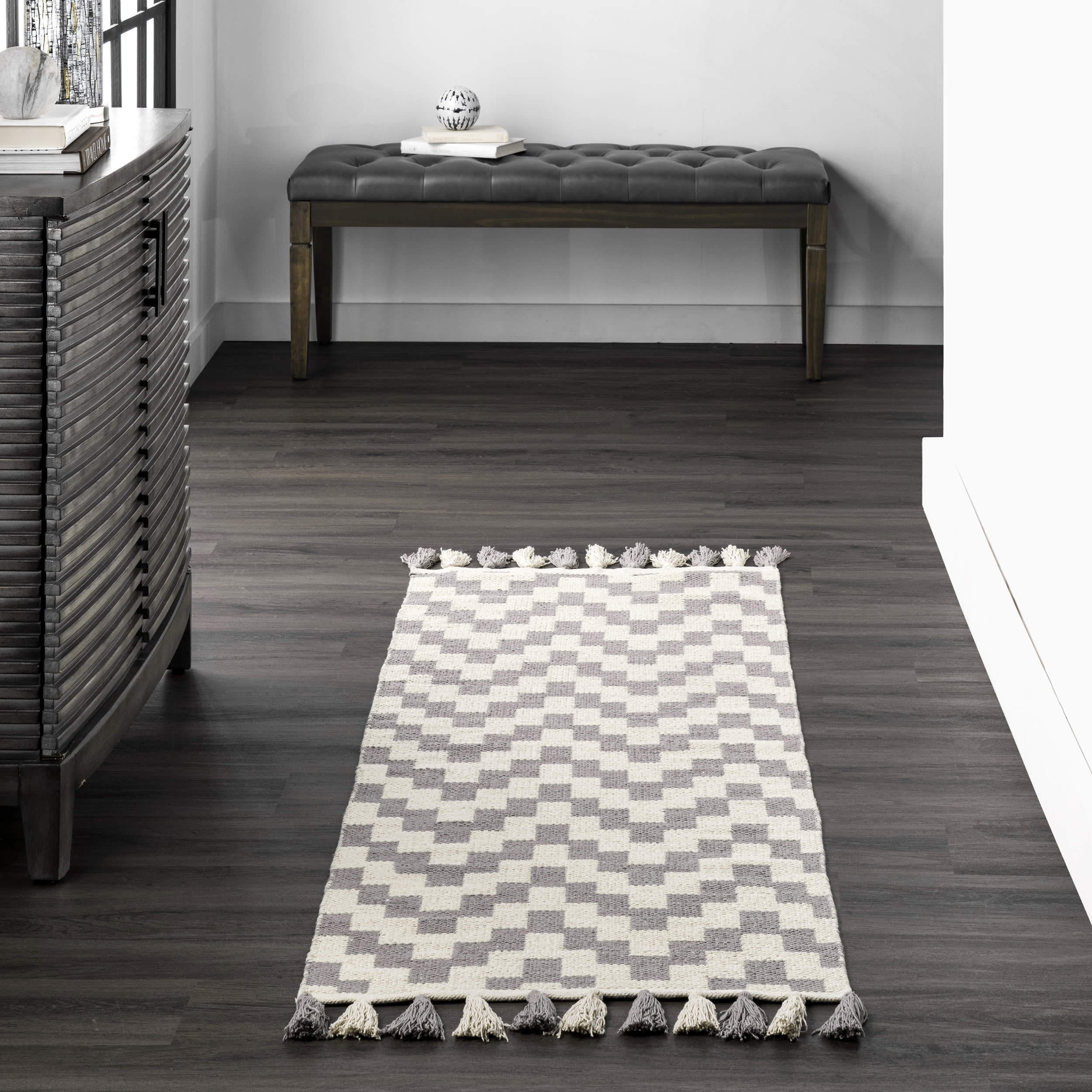 Flatwoven Chevrons with Tassels Rug | Grey - Image 2