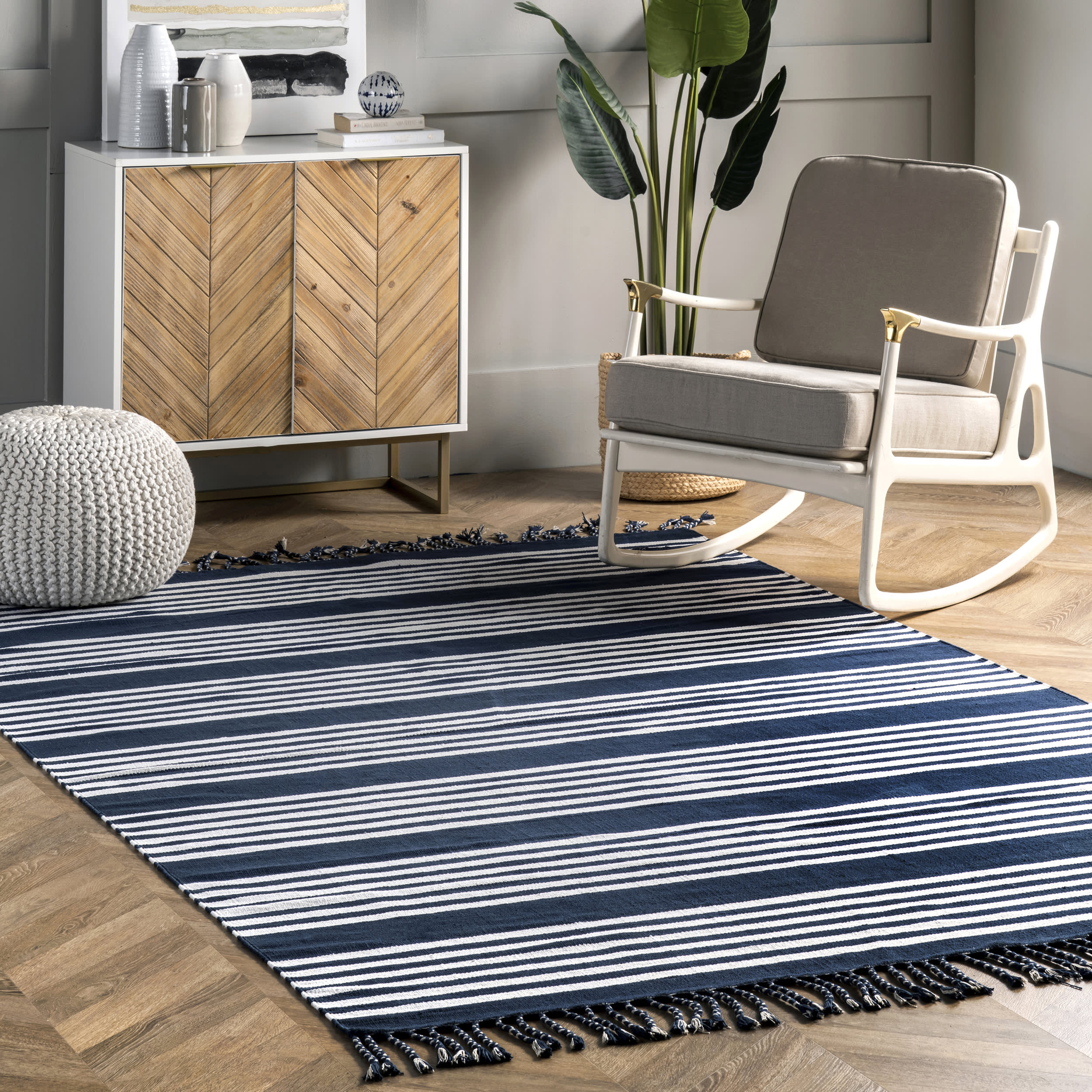 Flatwoven Pinstripes with Tassels Rug | Blue - Image 2