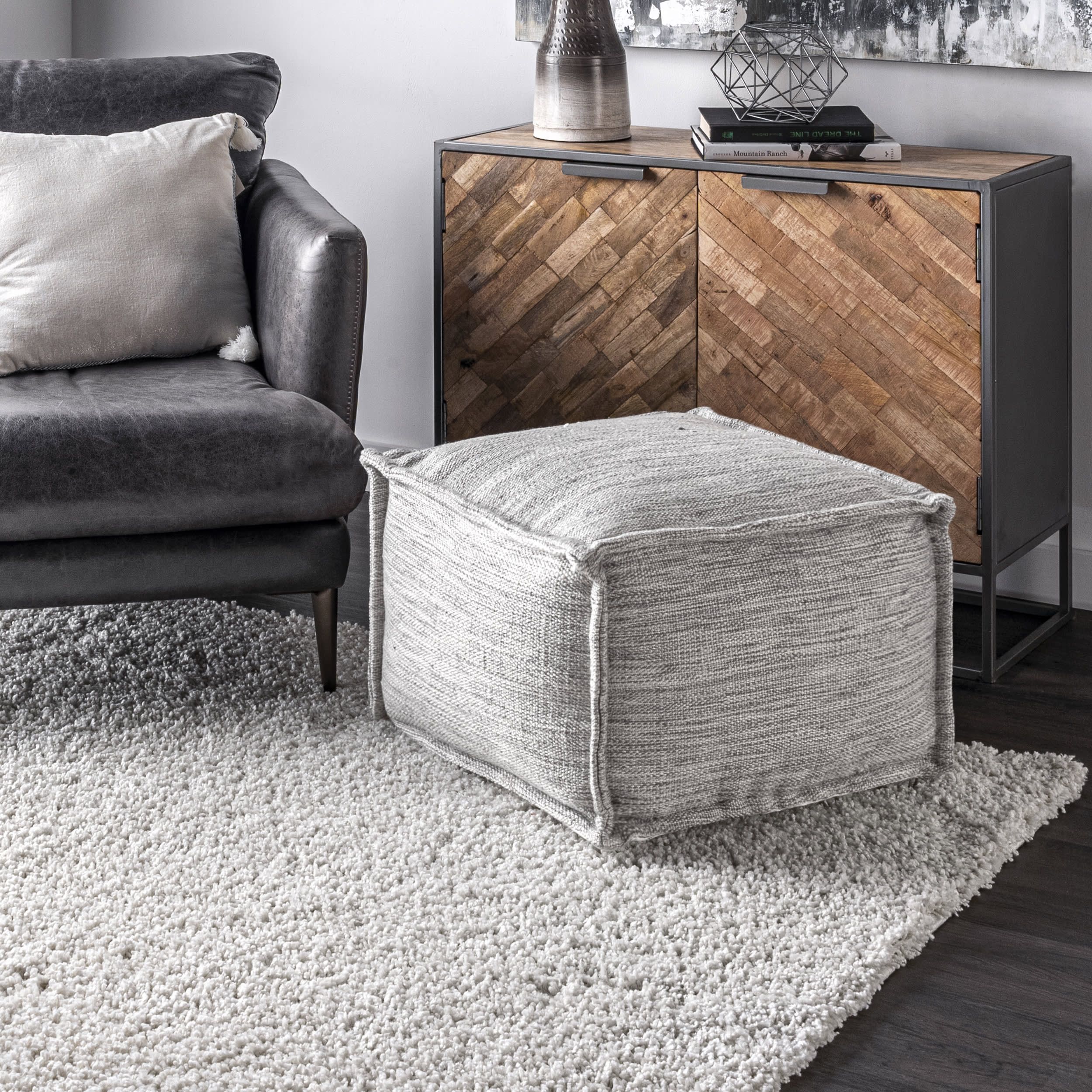 Flatwoven Solid Indoor/Outdoor Pouf | Grey - Image 2