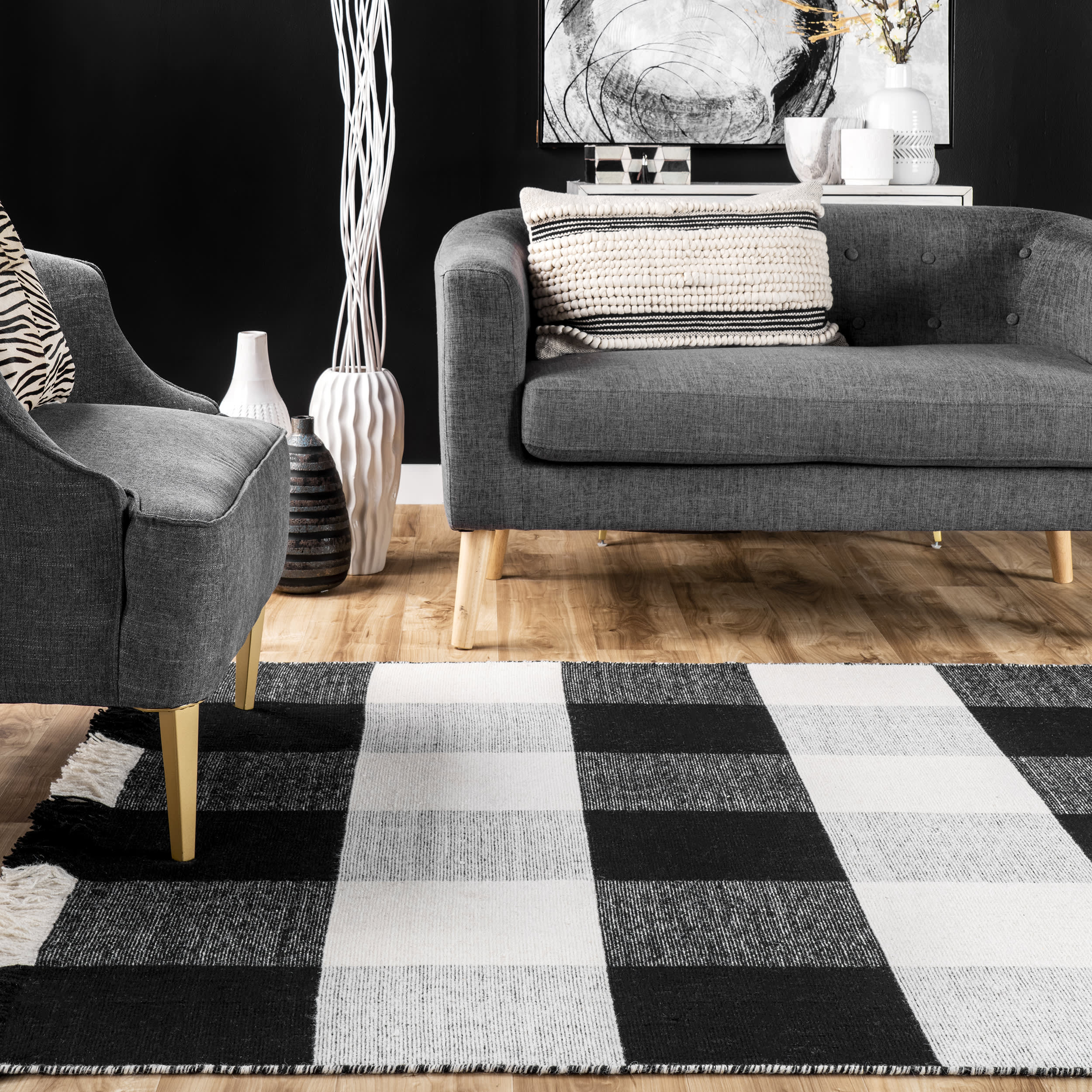 Fringed Plaid Rug | Black - Image 4
