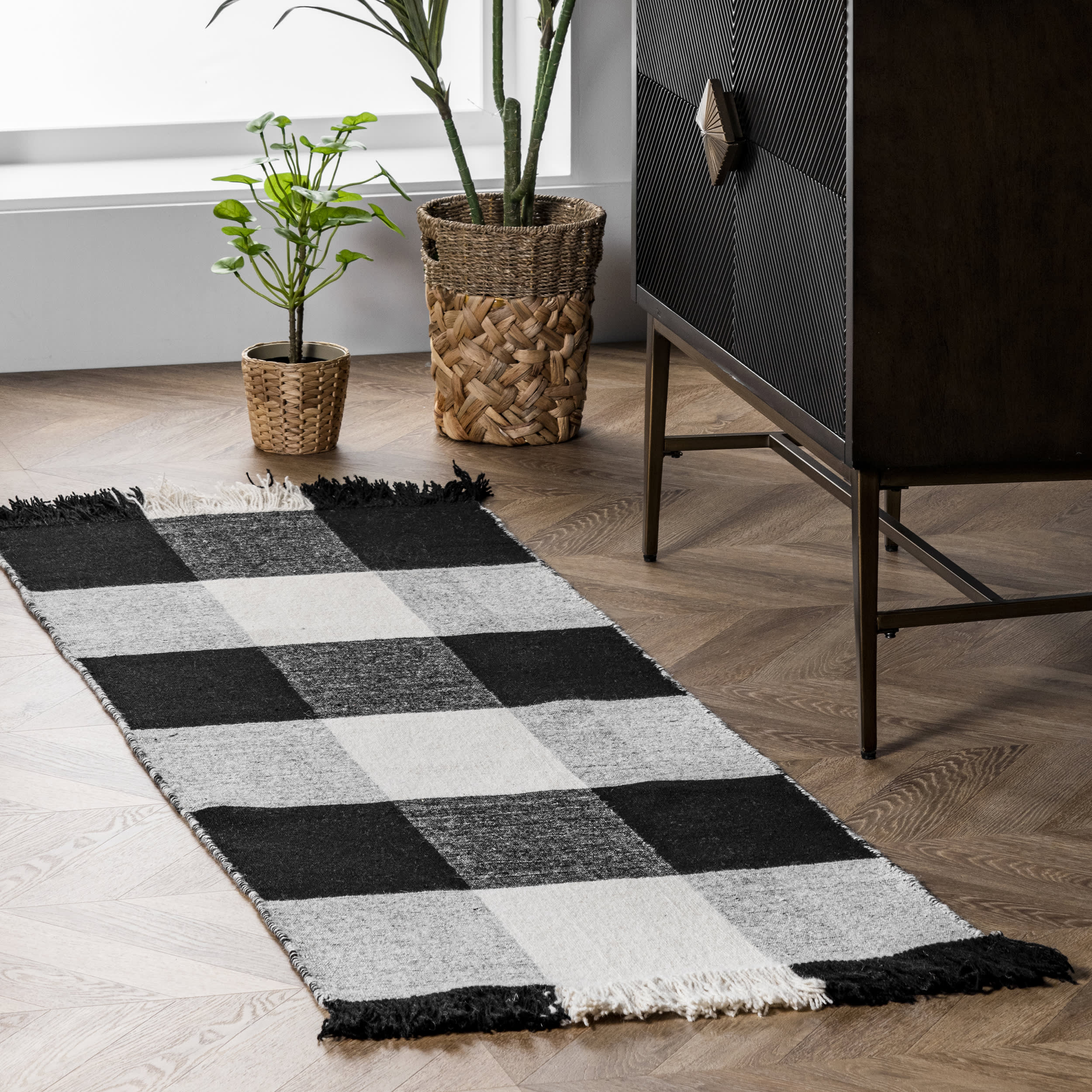 Fringed Plaid Rug | Black - Image 2