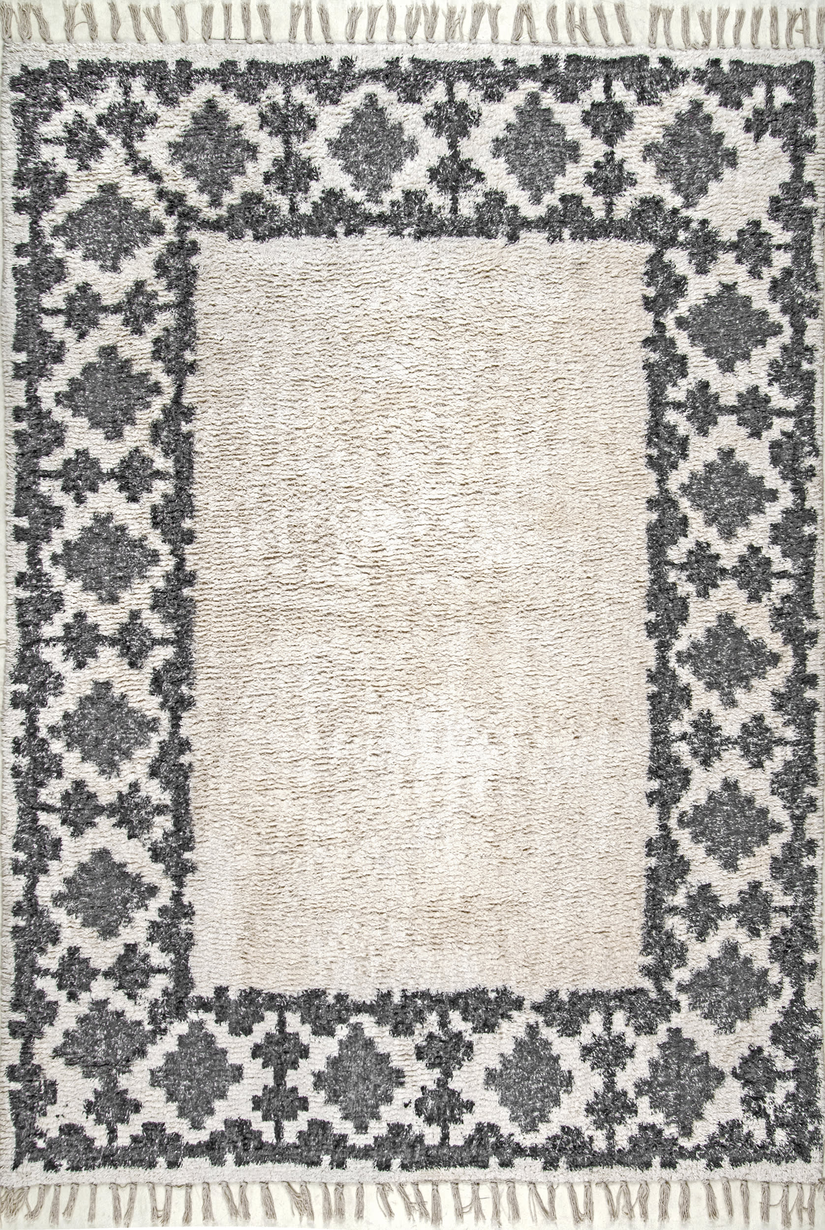 Fuzzy Diamond Border Tassel Flatweave Rug | Ivory