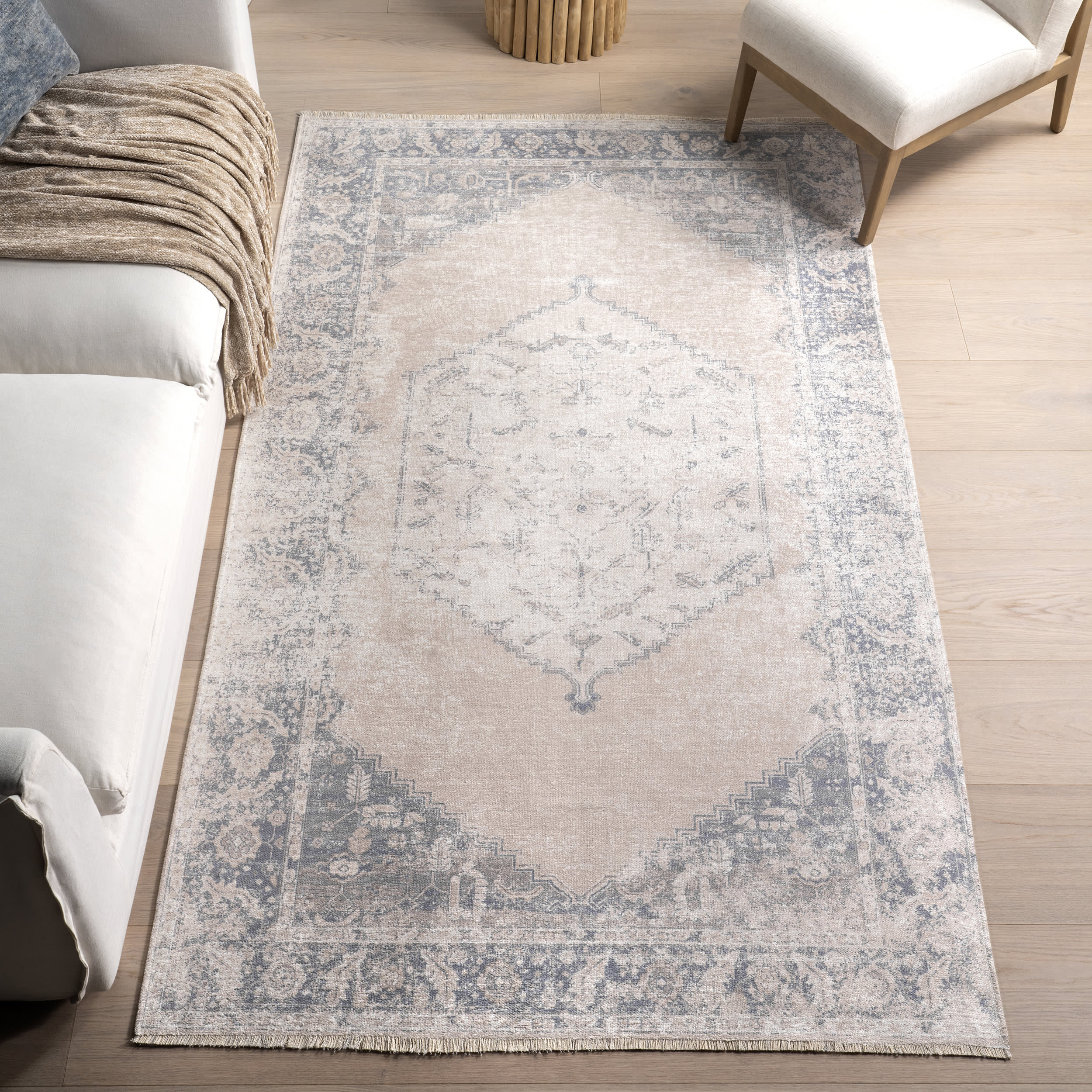 Gladys Fringed Vintage Medallion Washable Rug | Light Grey - Image 2