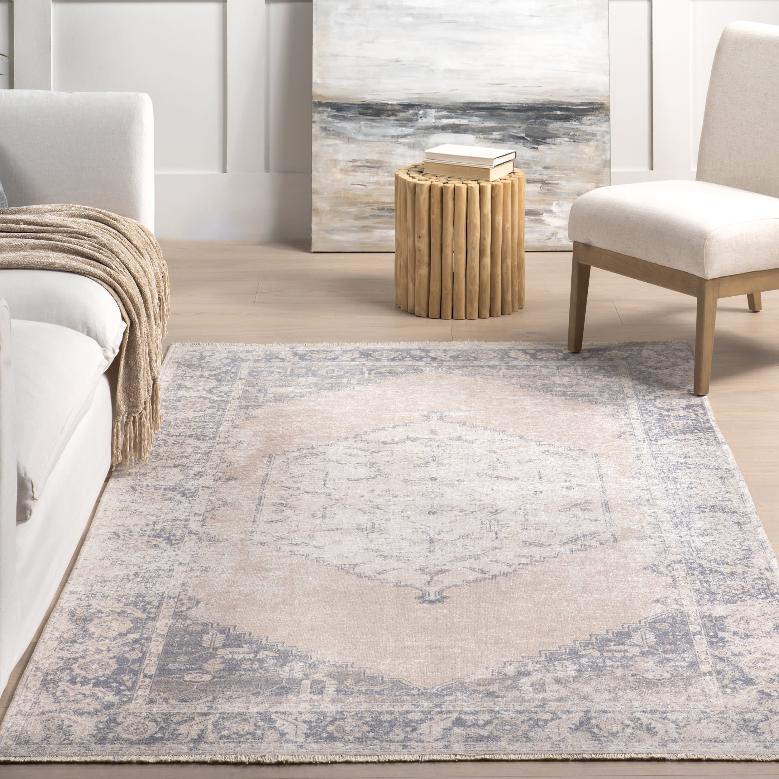 Gladys Fringed Vintage Medallion Washable Rug | Light Grey - Image 5