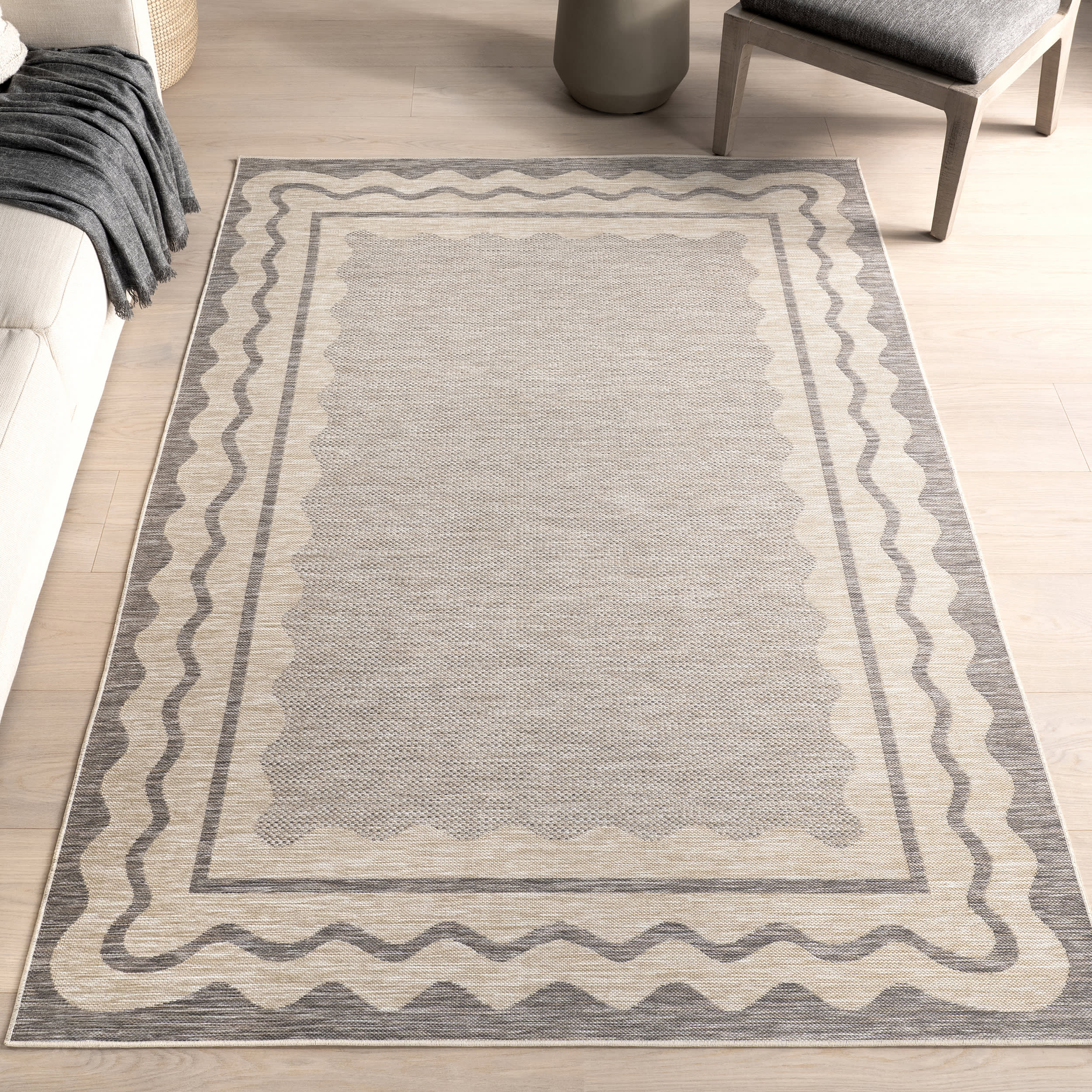 Haisley Wavey Bordered Indoor/Outdoor Rug | Light Grey - Image 9