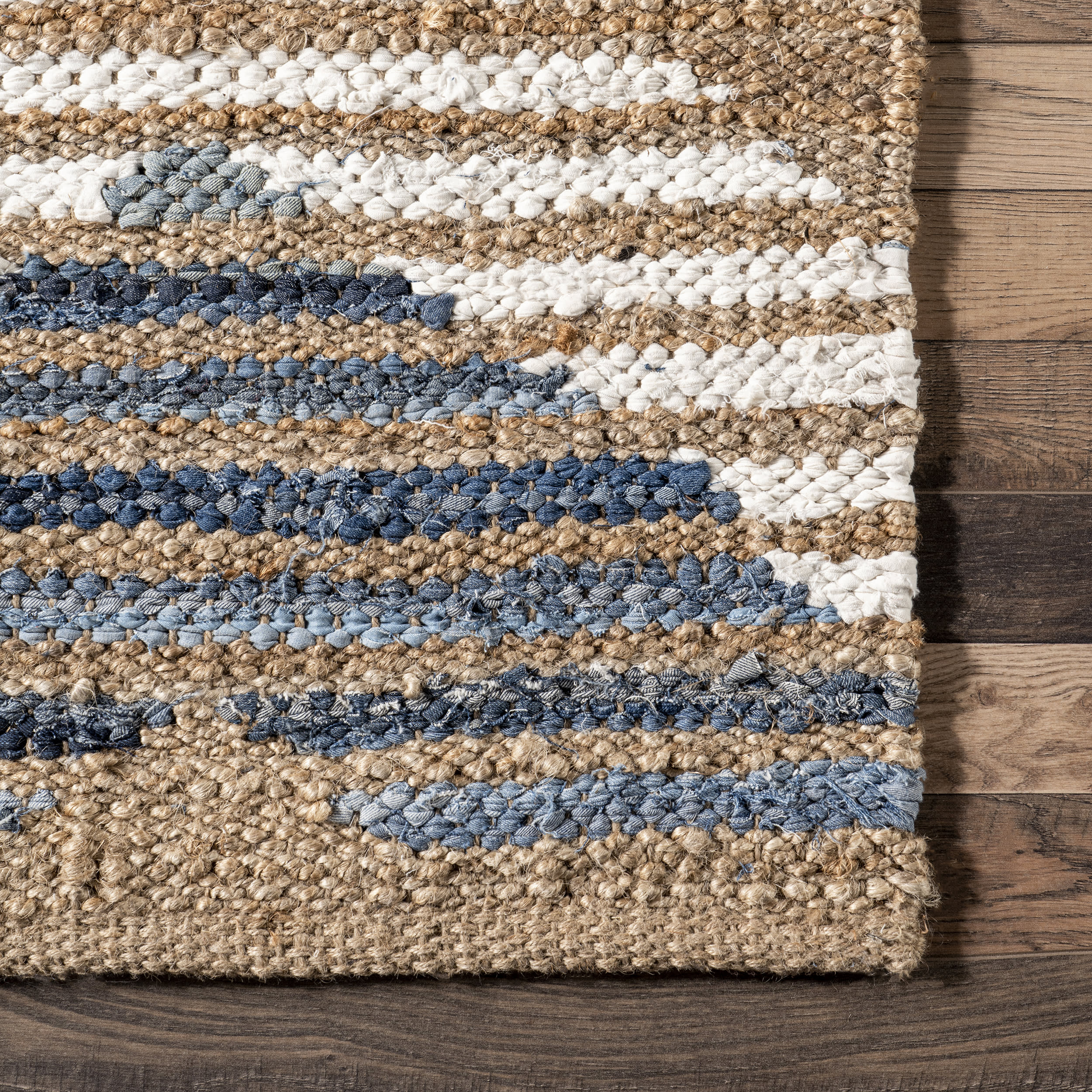 Hand Braided Denim And Jute Striped Diamonds Rug | Off White - Image 3
