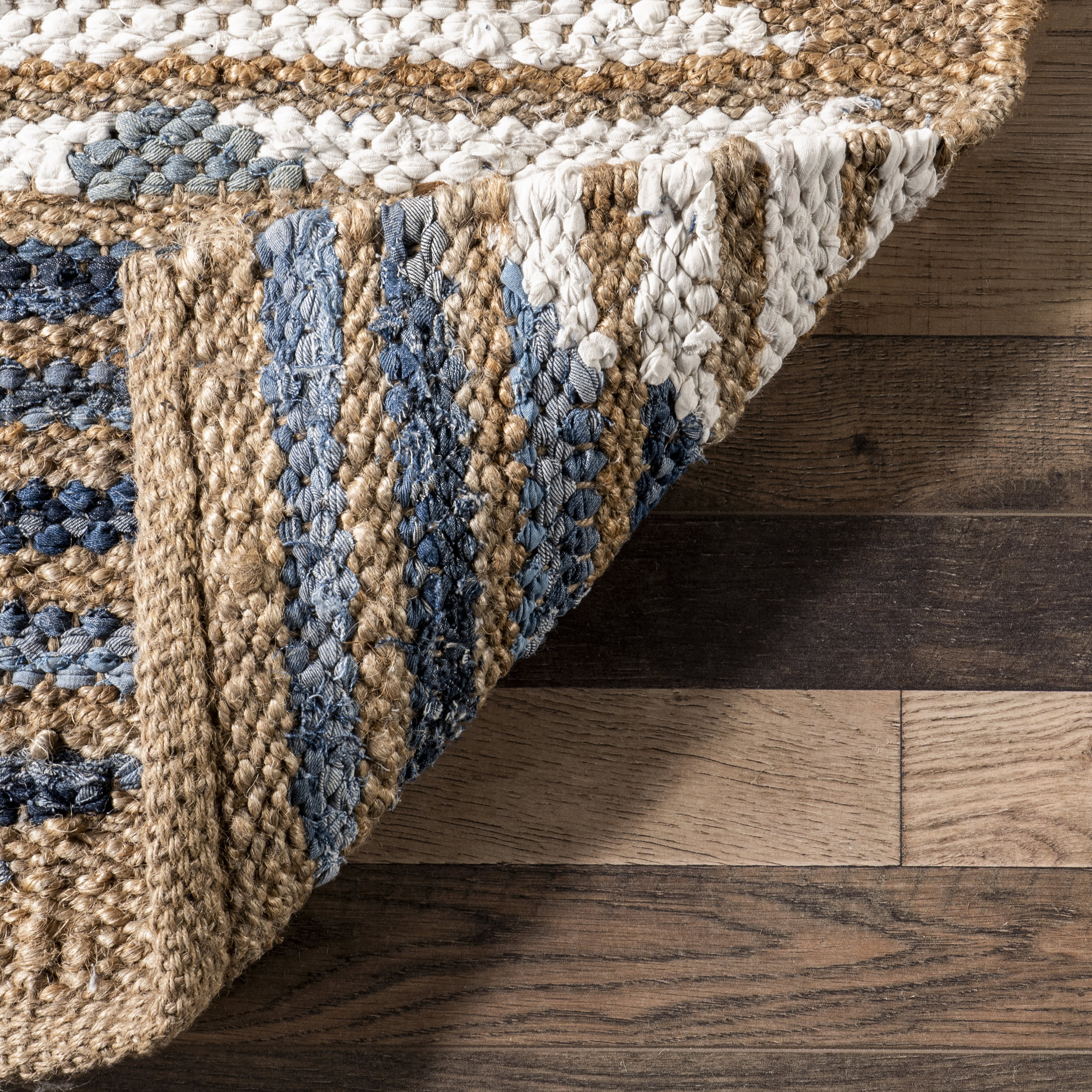 Hand Braided Denim And Jute Striped Diamonds Rug | Off White - Image 6