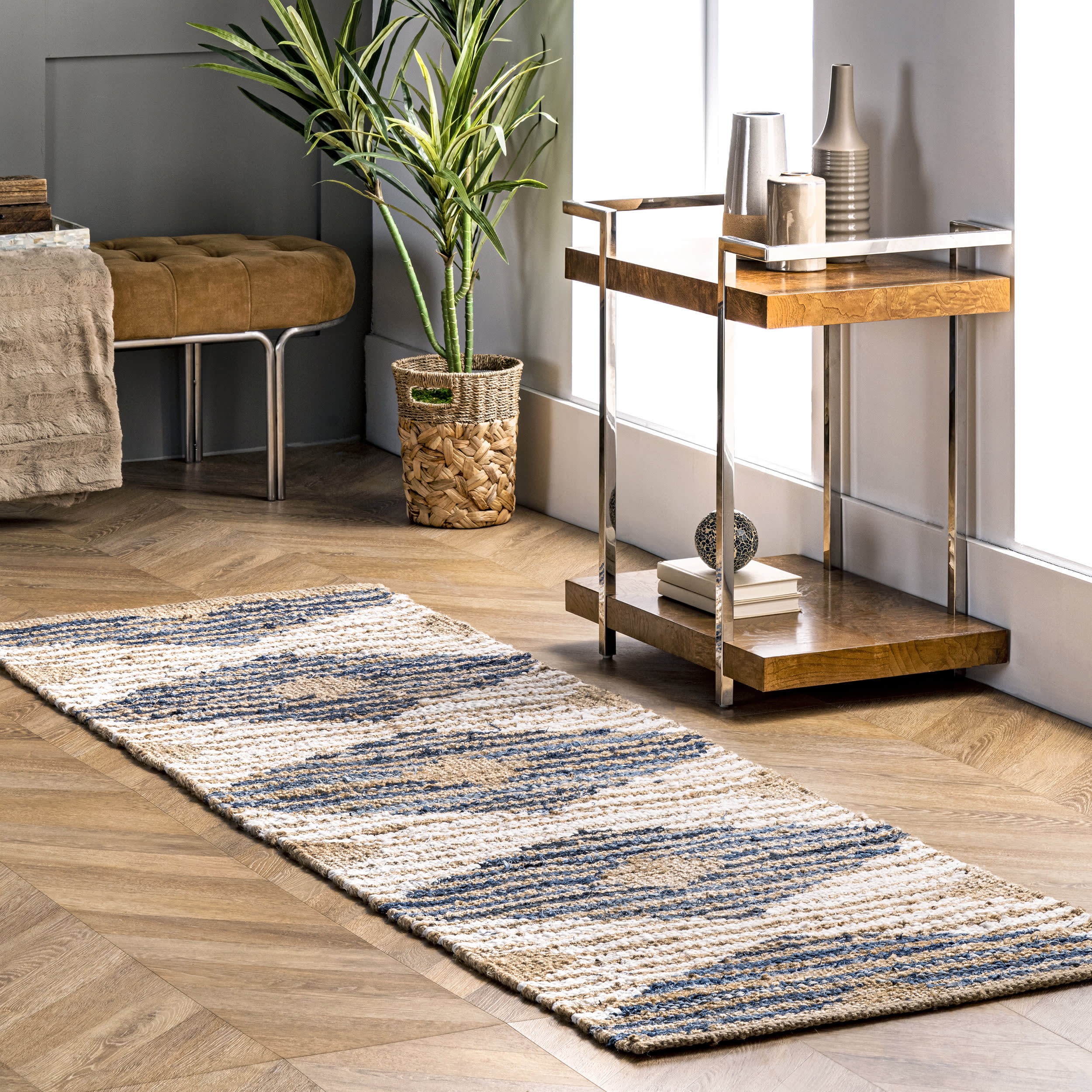 Hand Braided Denim And Jute Striped Diamonds Rug | Off White - Image 2