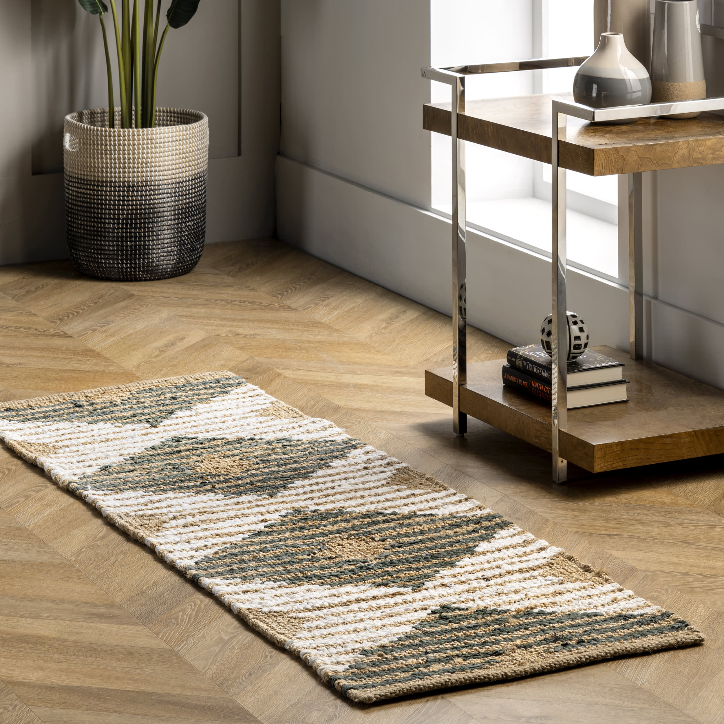 Hand Braided Denim And Jute Striped Diamonds Rug | Olive - Image 2