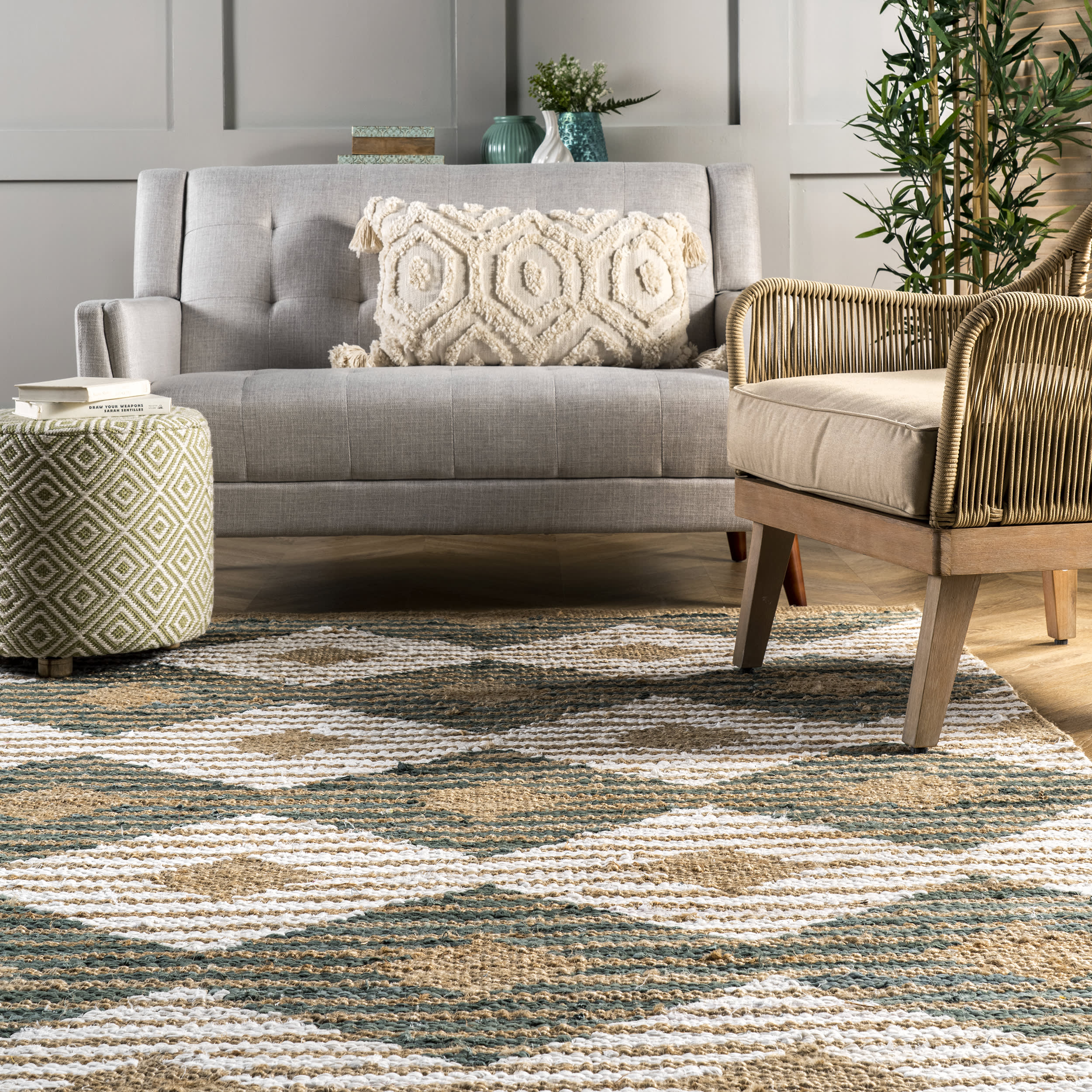 Hand Braided Denim And Jute Striped Diamonds Rug | Olive - Image 4