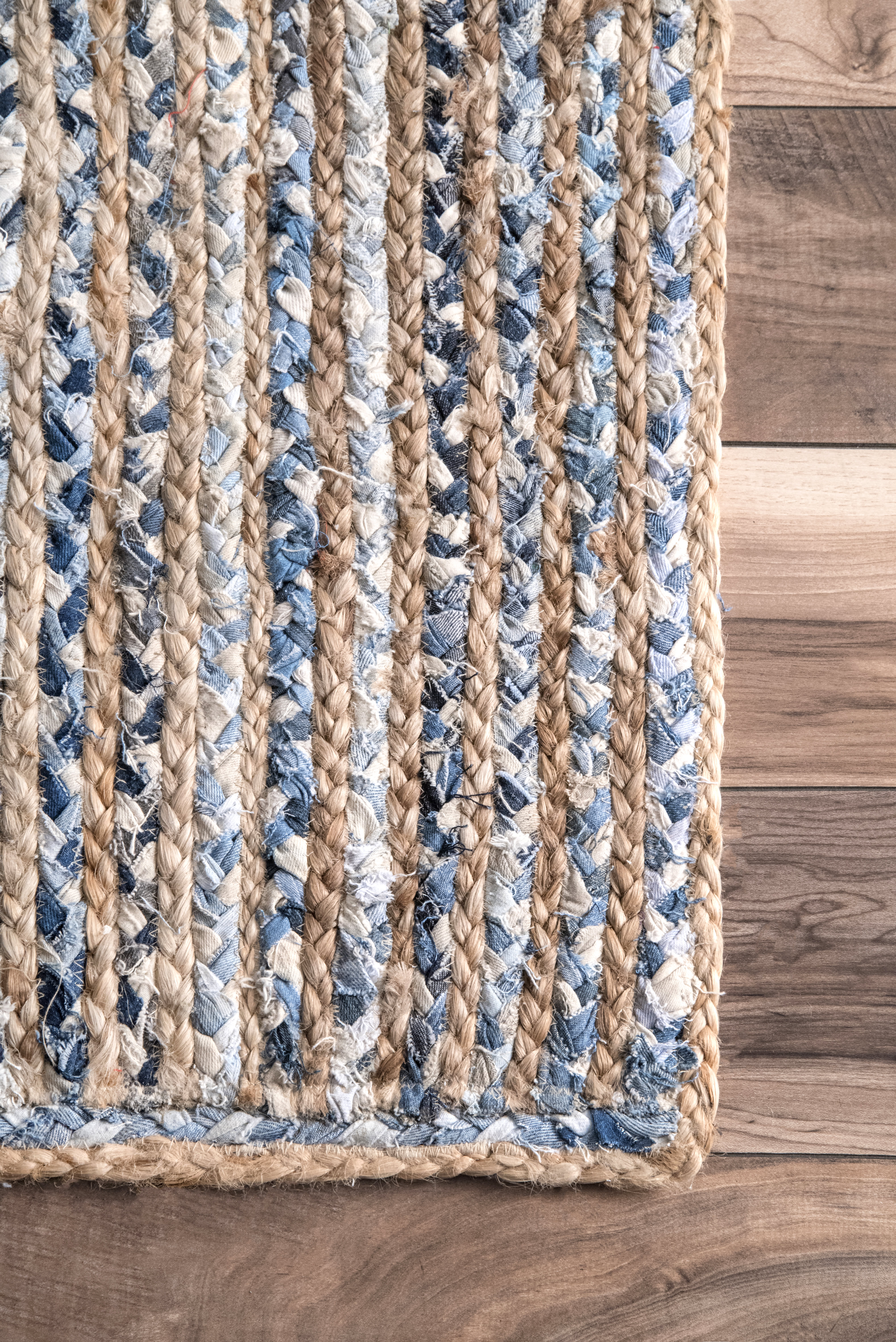 Hand Braided Jute And Denim Striped Rug | Blue - Image 3