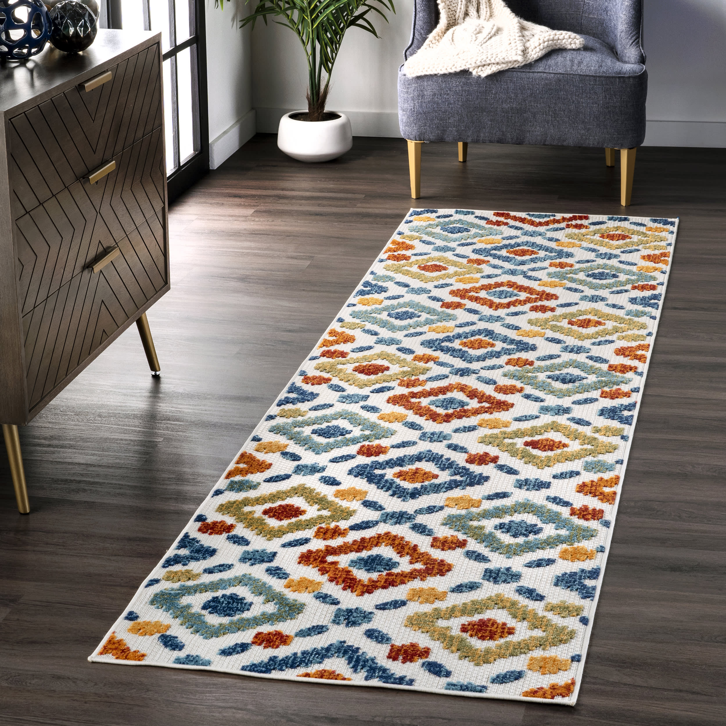 Hatched Trellis Indoor/Outdoor Rug | Blue - Image 2