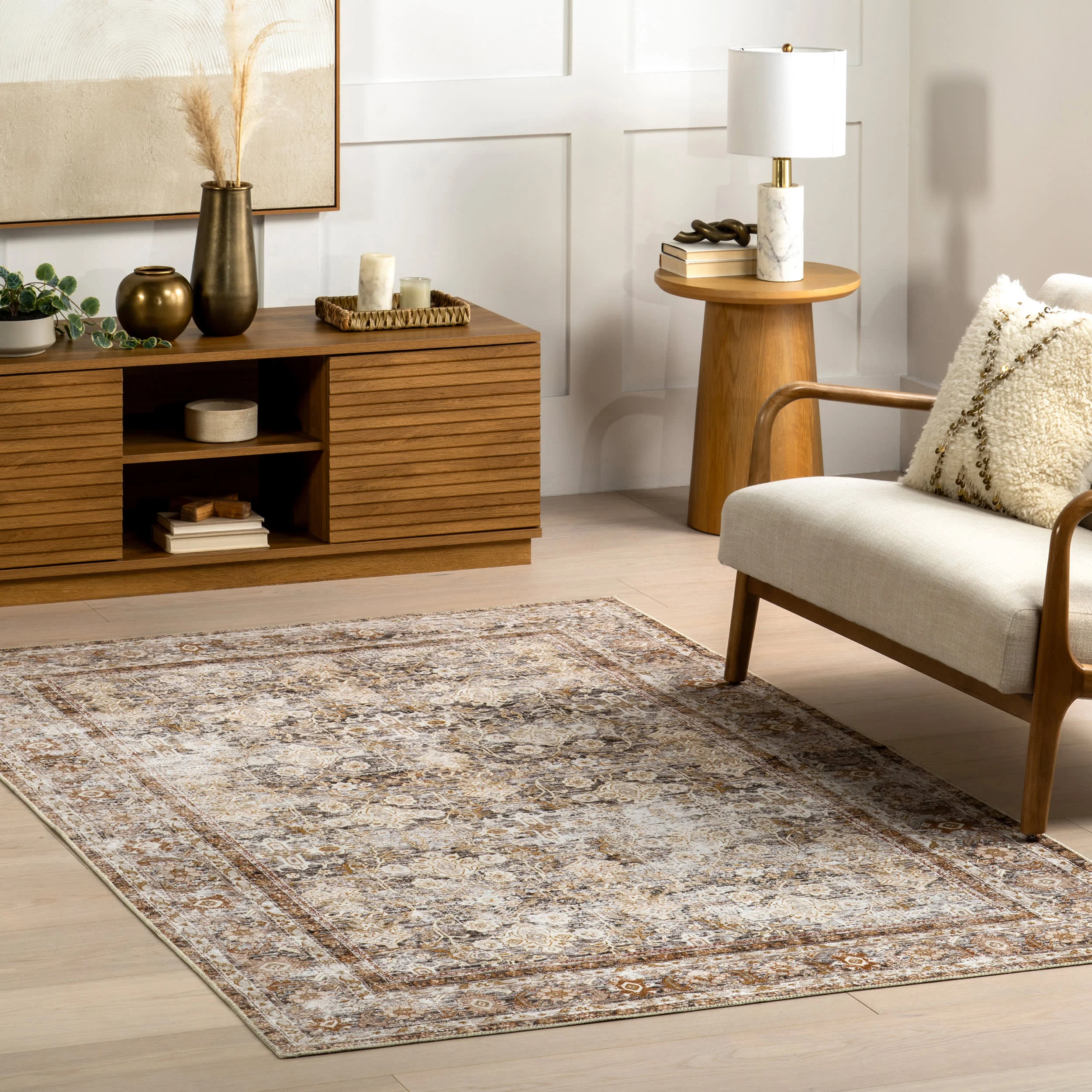 Ila Floral Spill Proof Washable Rug | Ivory - Image 2