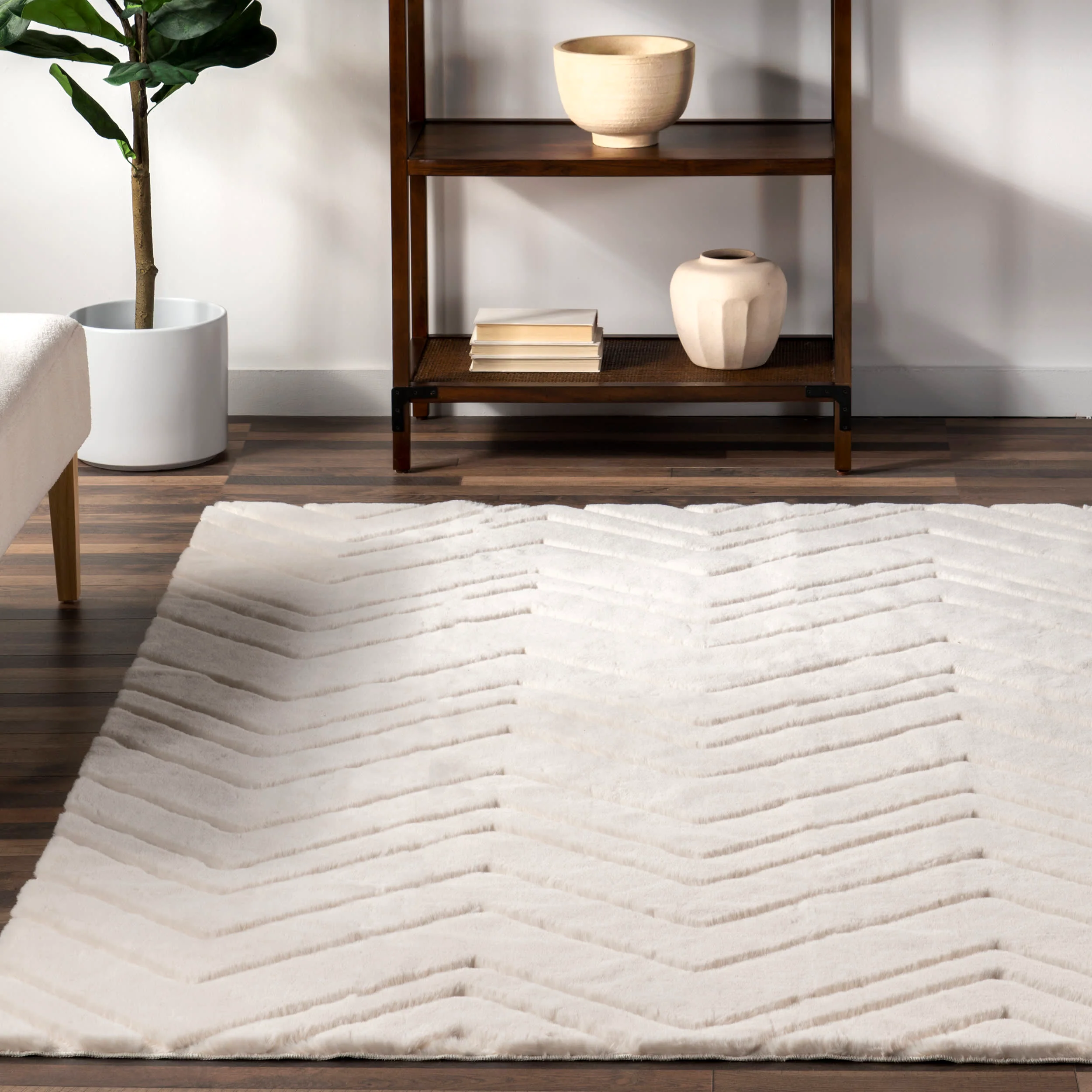 Ingeberg Chevron Washable Faux Rabbit Rug | Off White - Image 4
