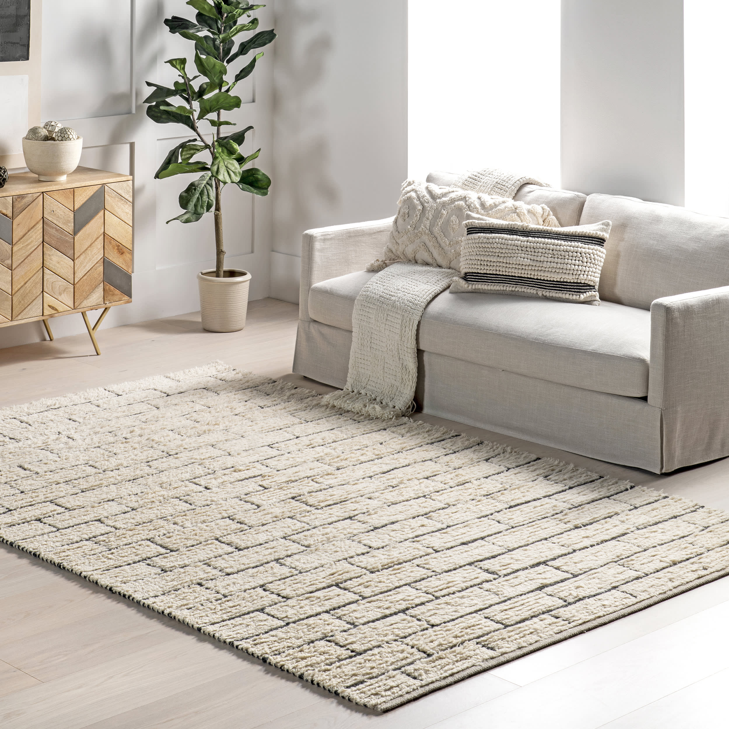 Irina Shaggy Brickwork Rug | Ivory - Image 2