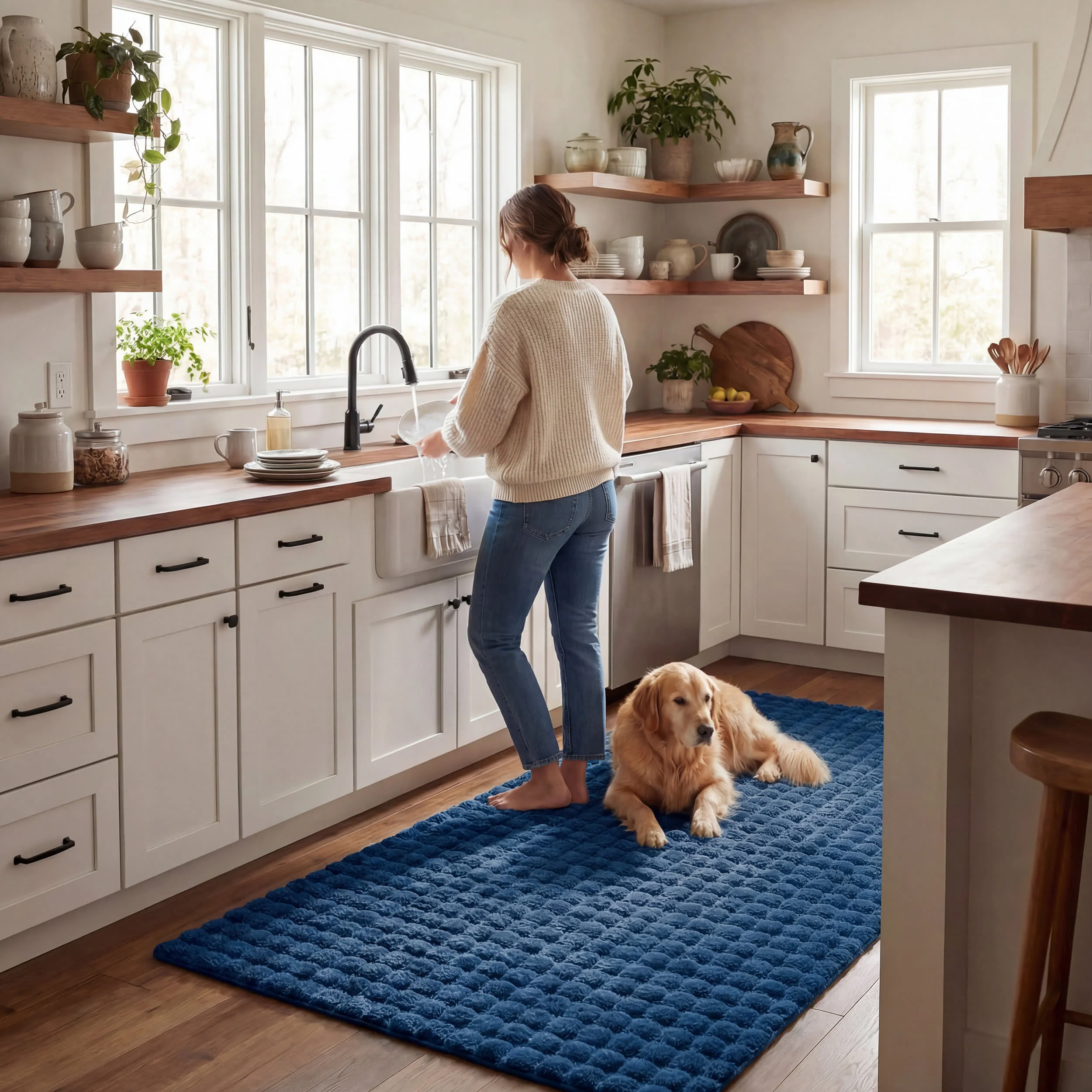 Ivana Checkered Plush Cloud Washable Rug | Navy - Image 9