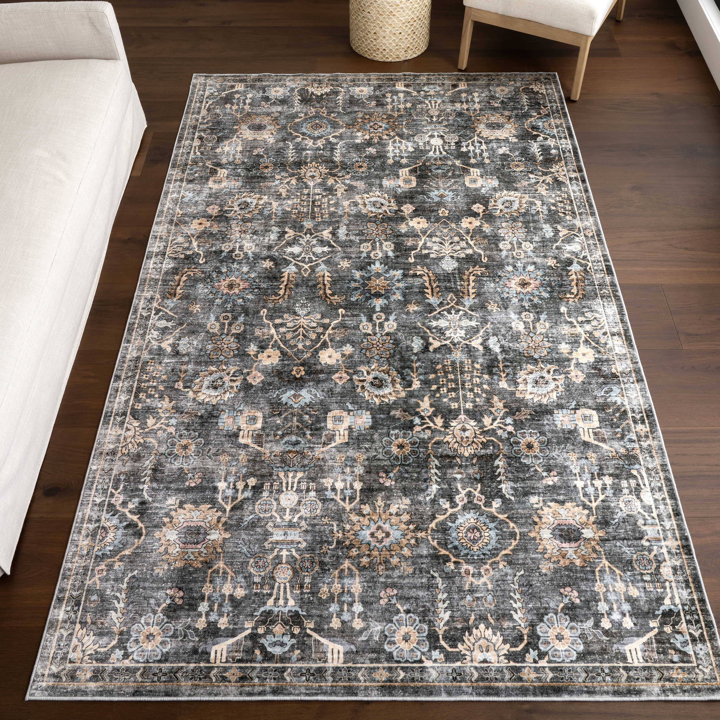 Jaylah Medallion Washable Rug | Charcoal - Image 2