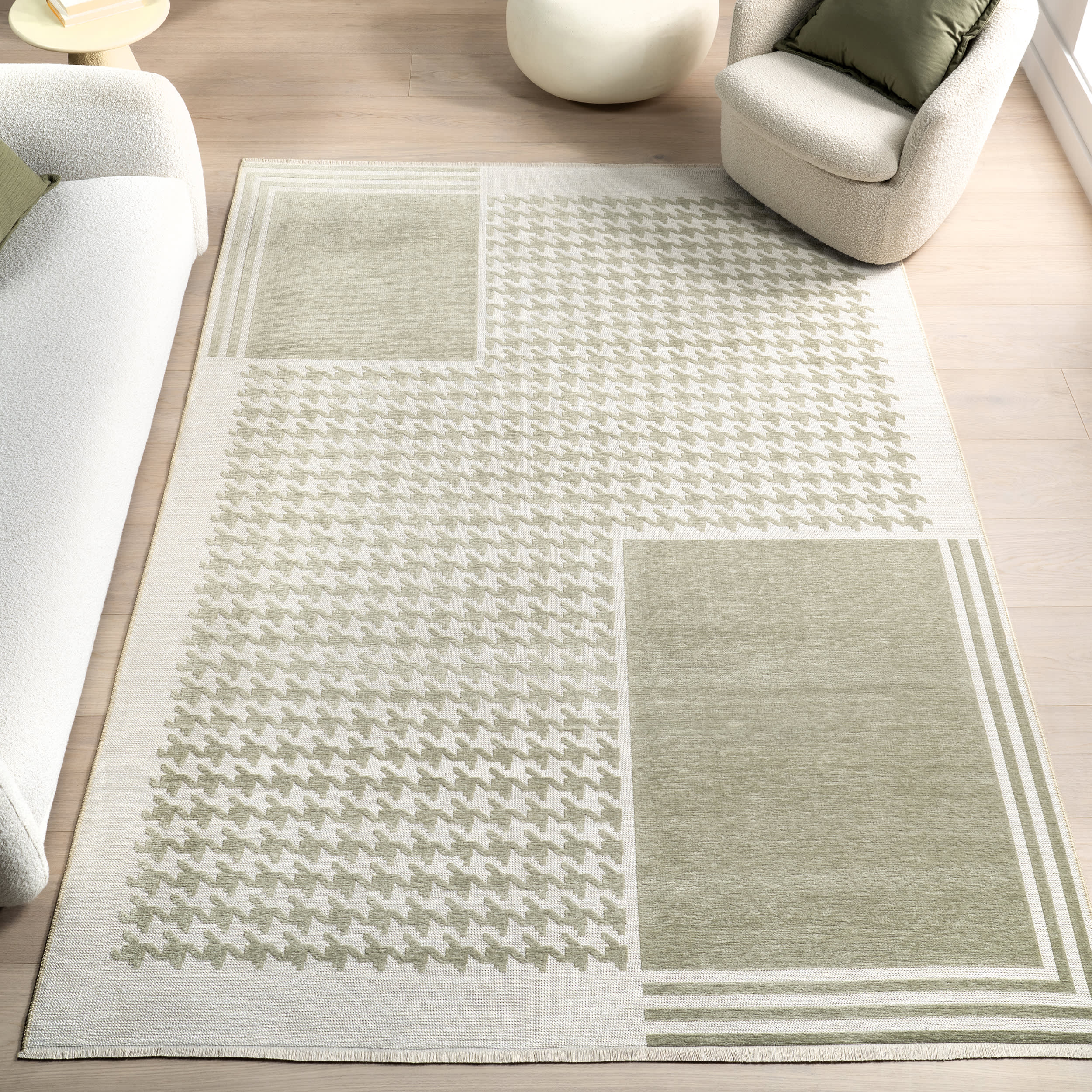 Jennie Geometric Fringed Reversible Washable Rug | Green - Image 2