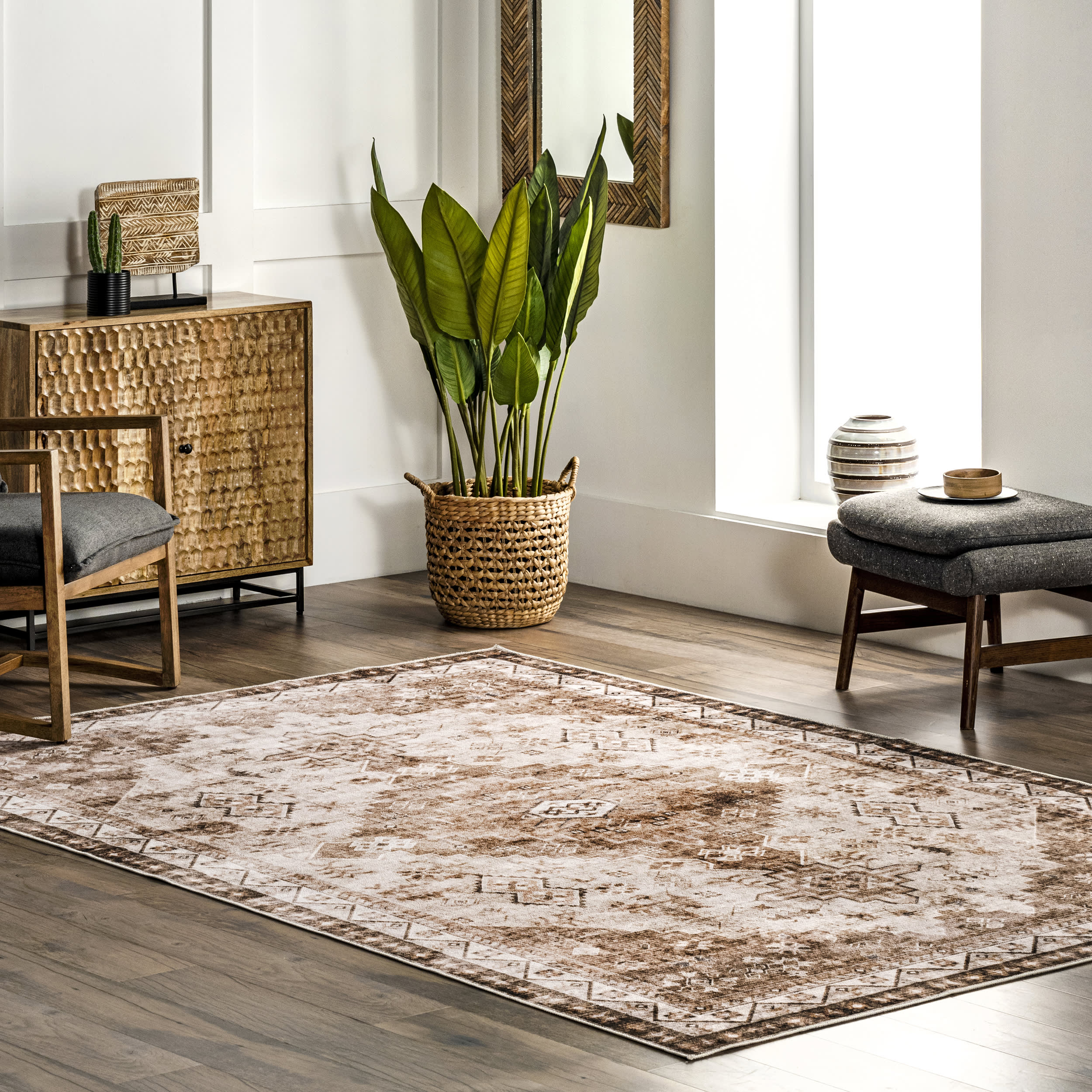Jessamine Spill Proof Washable Geometric Rug | Beige - Image 2