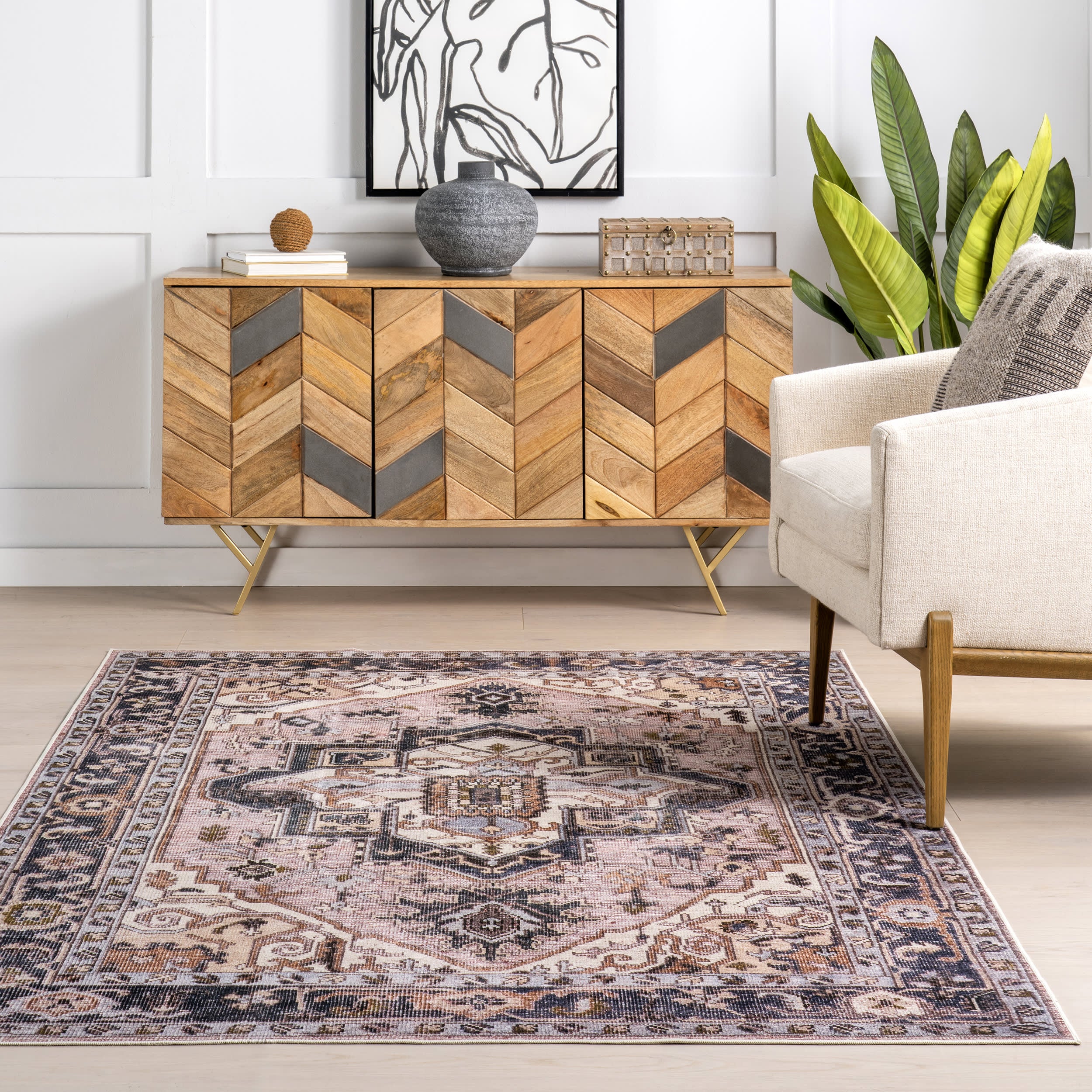 Jewel Medallion Spill Proof Washable Rug | Light Pink - Image 5