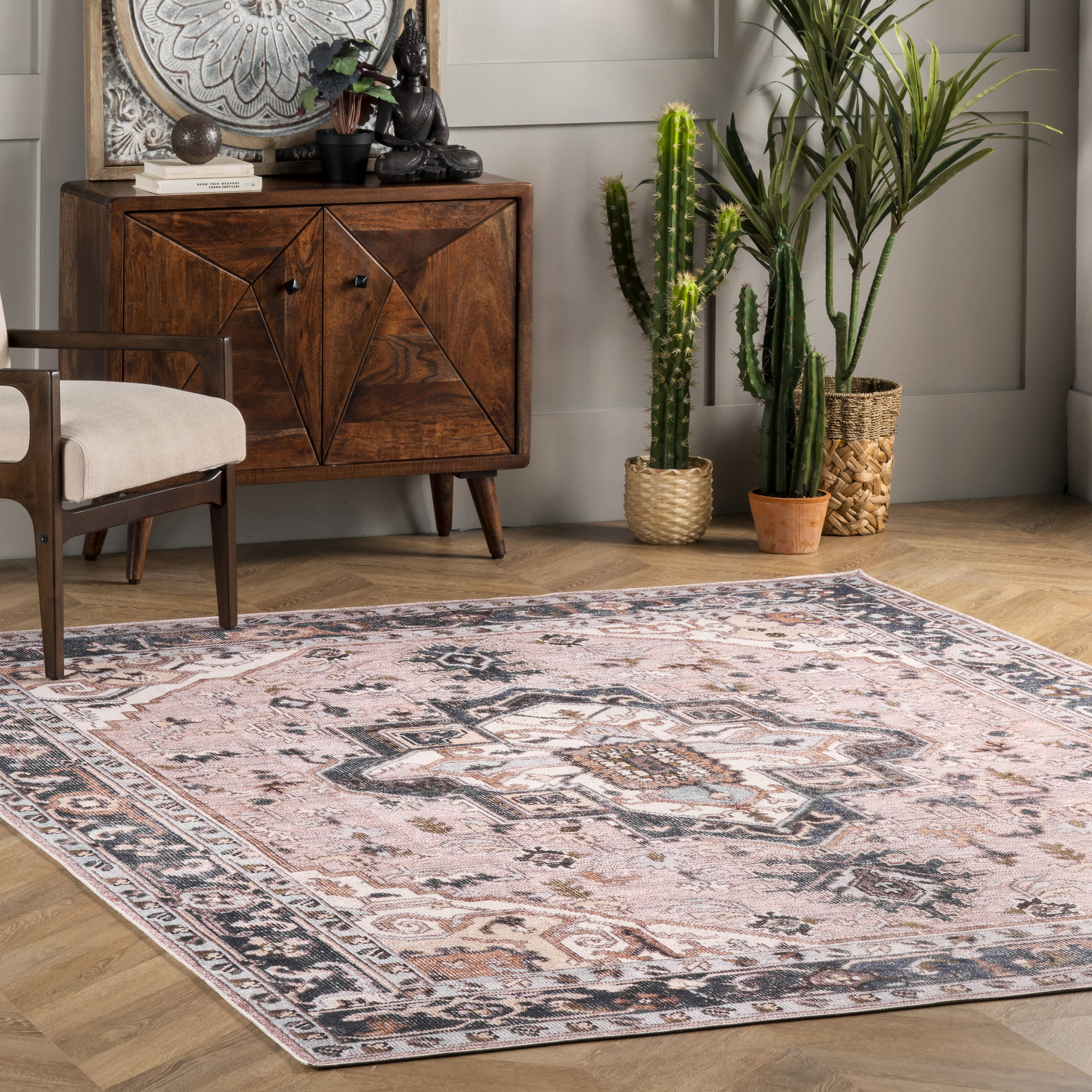 Jewel Medallion Washable Rug | Light Pink - Image 2