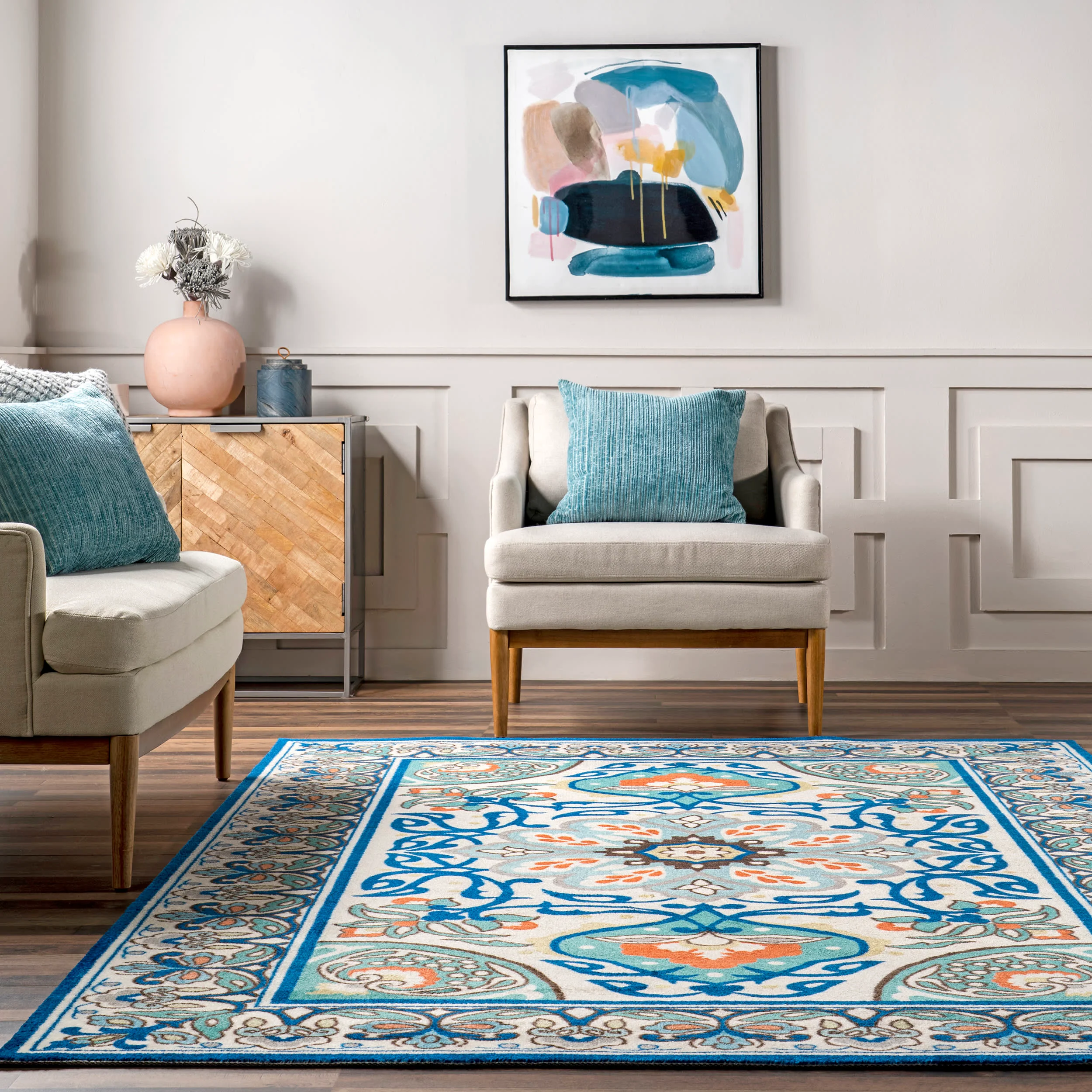 Jewel Tone Floral Printed Rug | Blue - Image 4