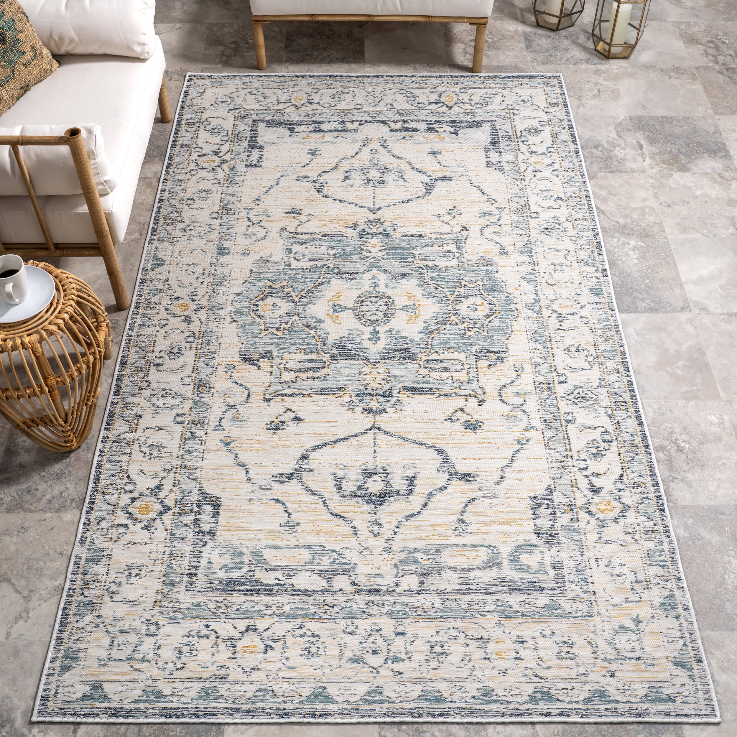 Juliana Medallion Reversible Indoor/Outdoor Rug | Cream & Blue - Image 11