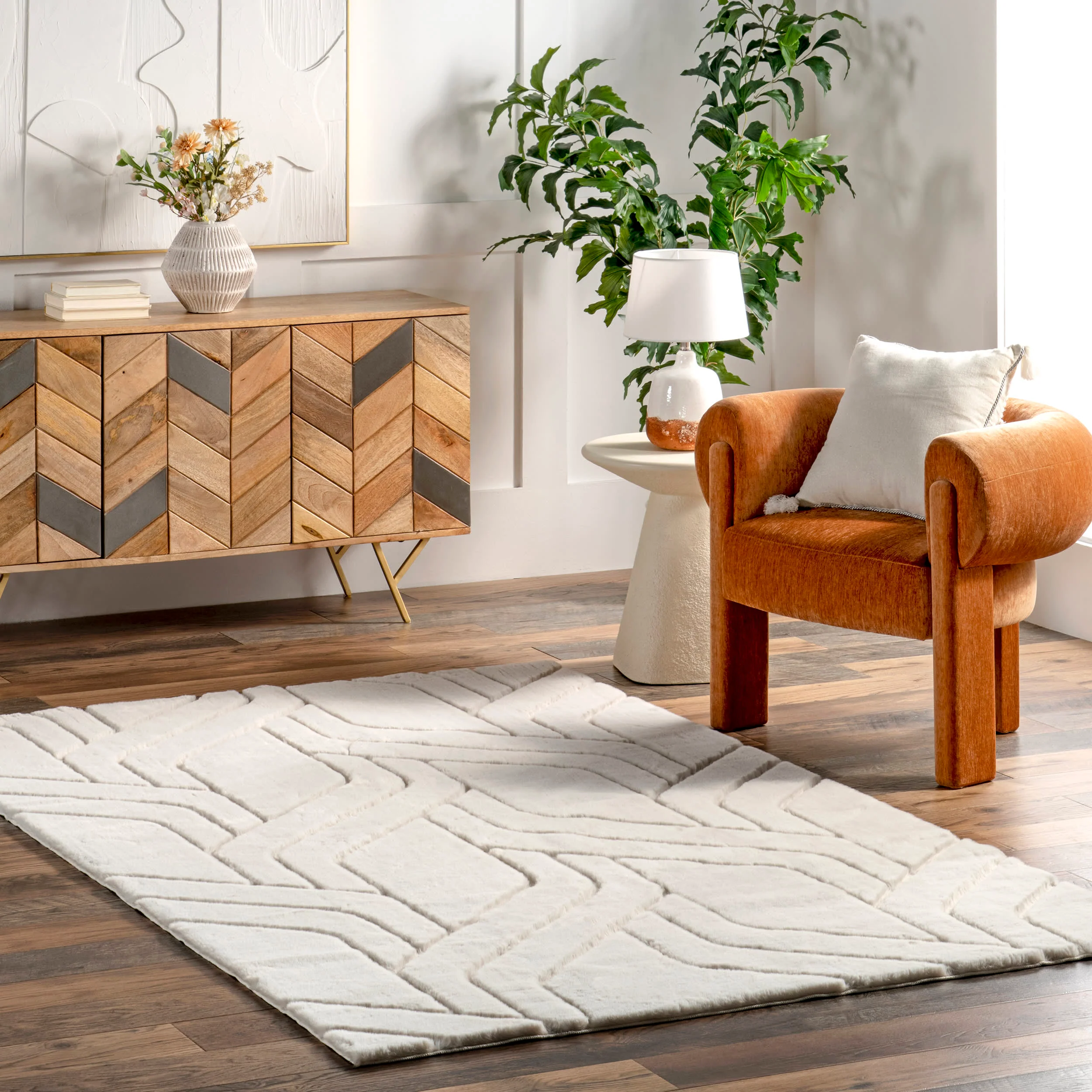 Karalee Geometric Plush Cloud Washable Rug | White - Image 2