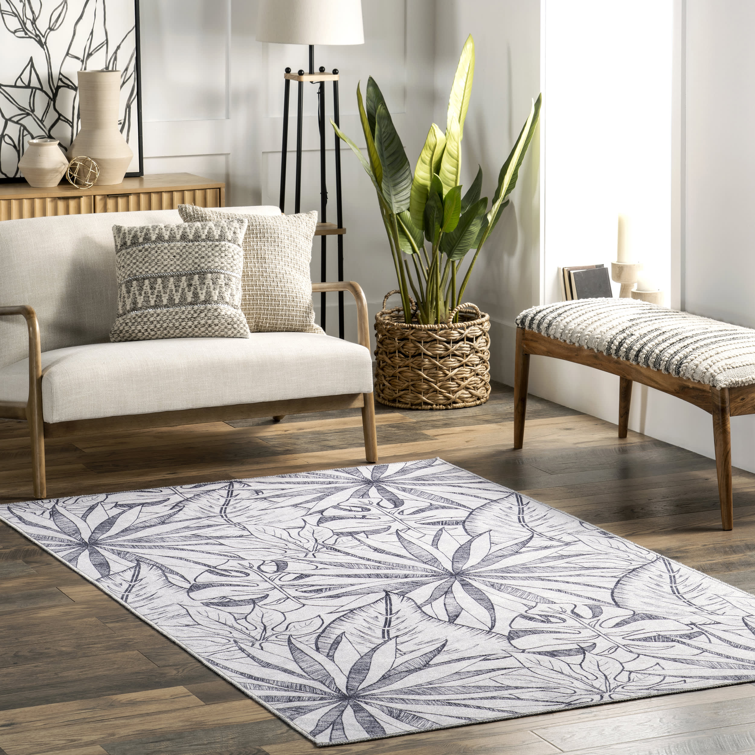 Kienna Reversible Tropical Washable Rug | Navy and Grey - Image 2