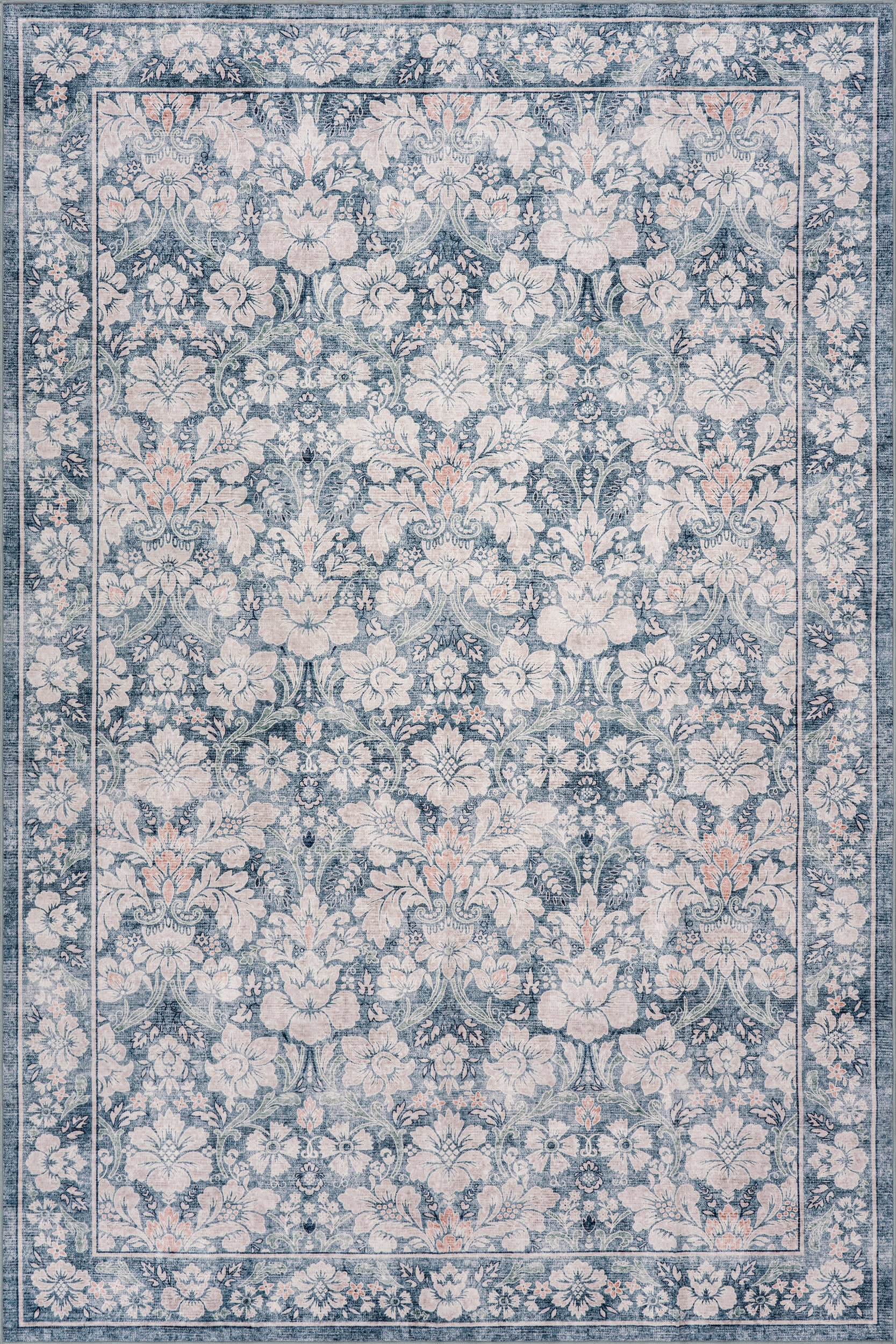 Kinice Traditional Floral Washable Rug | Dark Blue