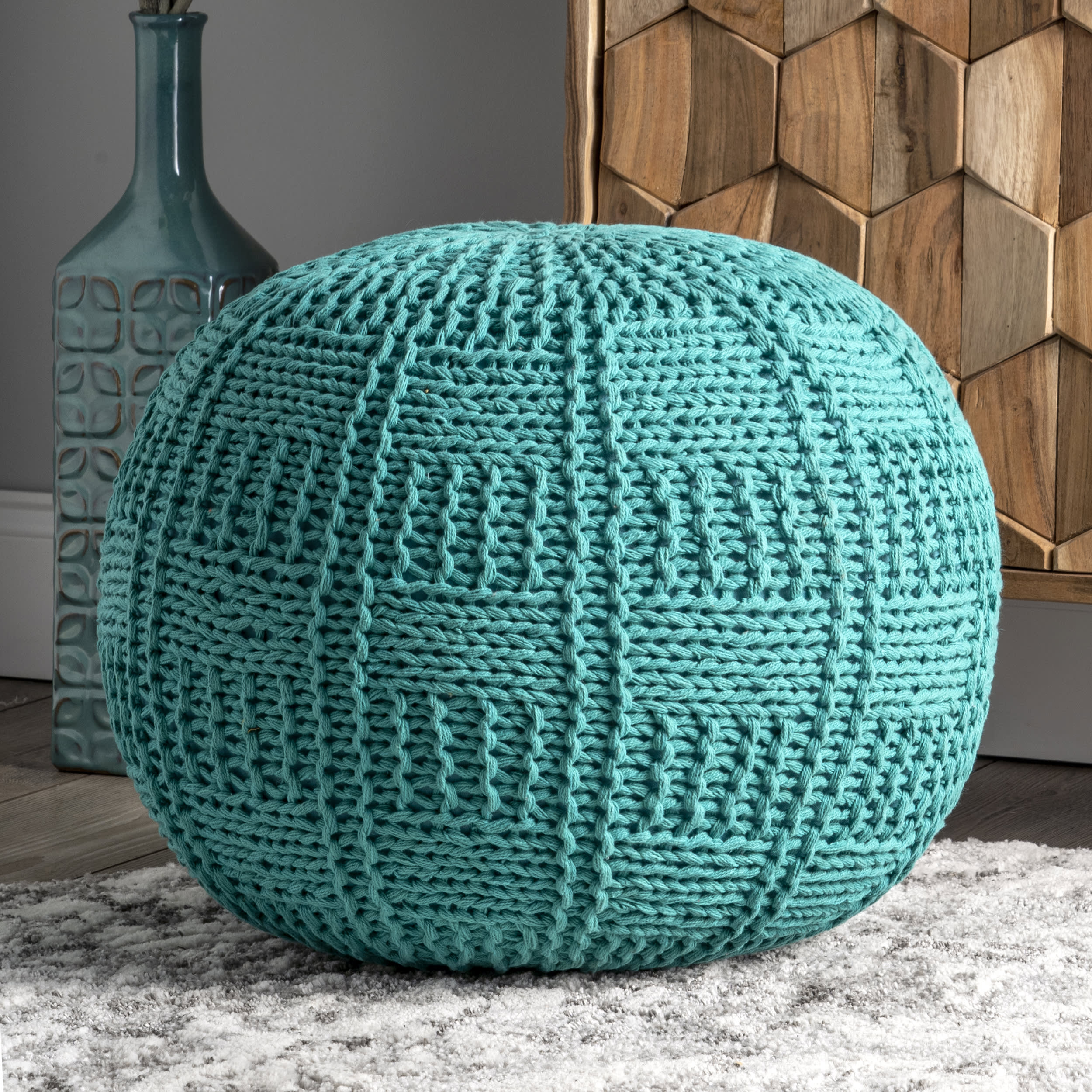 Knitted Cotton Basketweave Pouf | Teal - Image 2