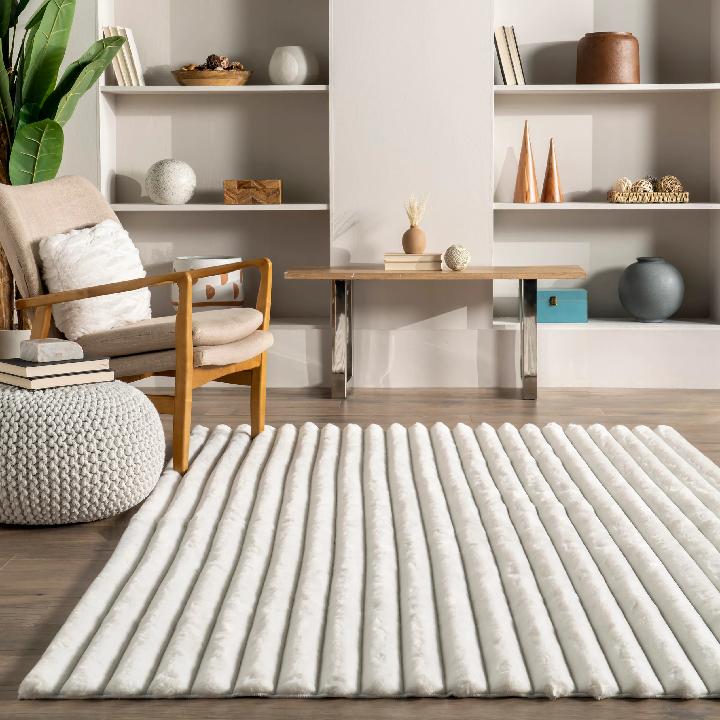 Kris Striped Plush Cloud Washable Rug | Off White - Image 4