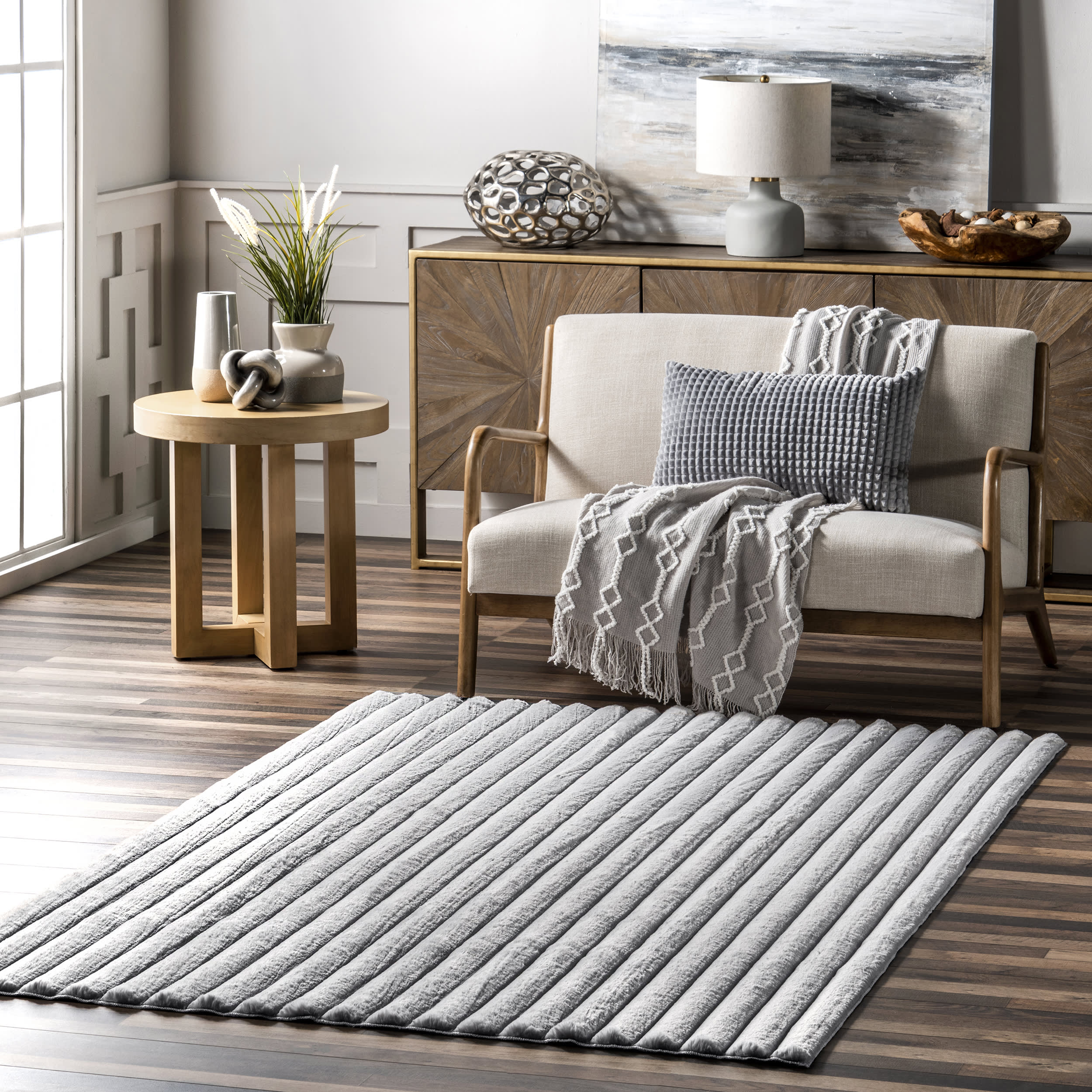 Kris Striped Plush Cloud Washable Rug | Silver - Image 2