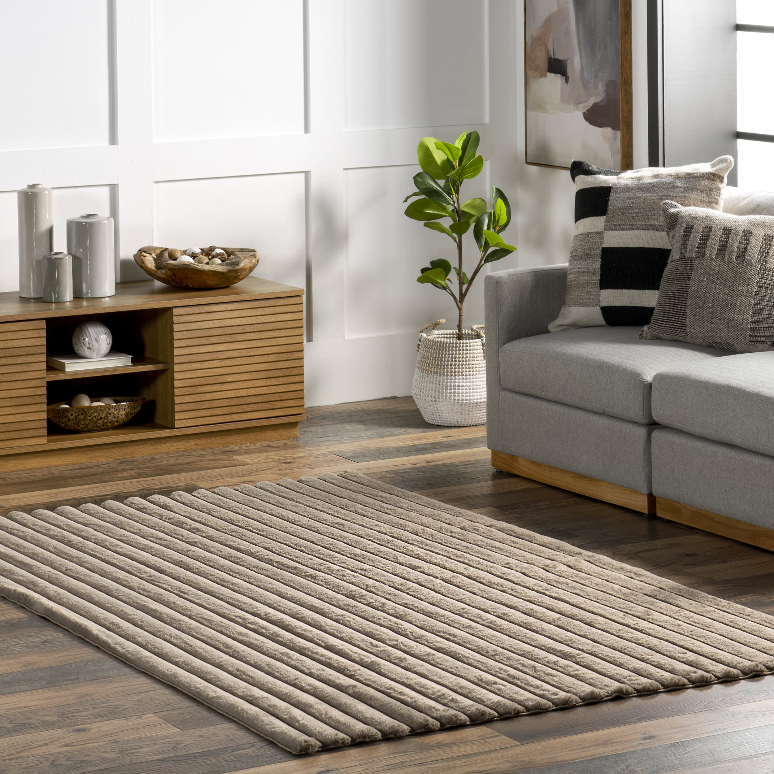 Kris Striped Plush Cloud Washable Rug | Taupe - Image 2