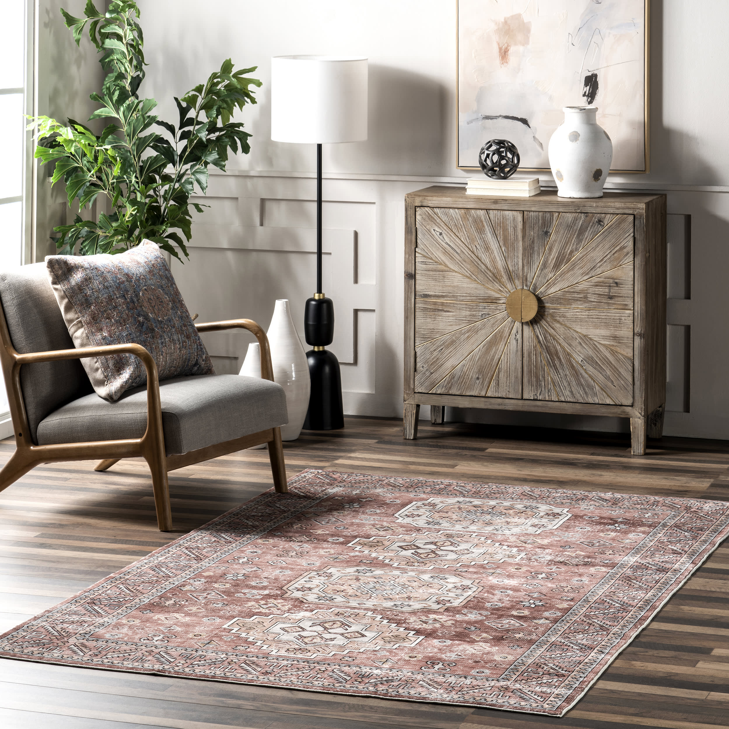 Lesa Geometric Medallion Washable Rug | Blush Pink - Image 2