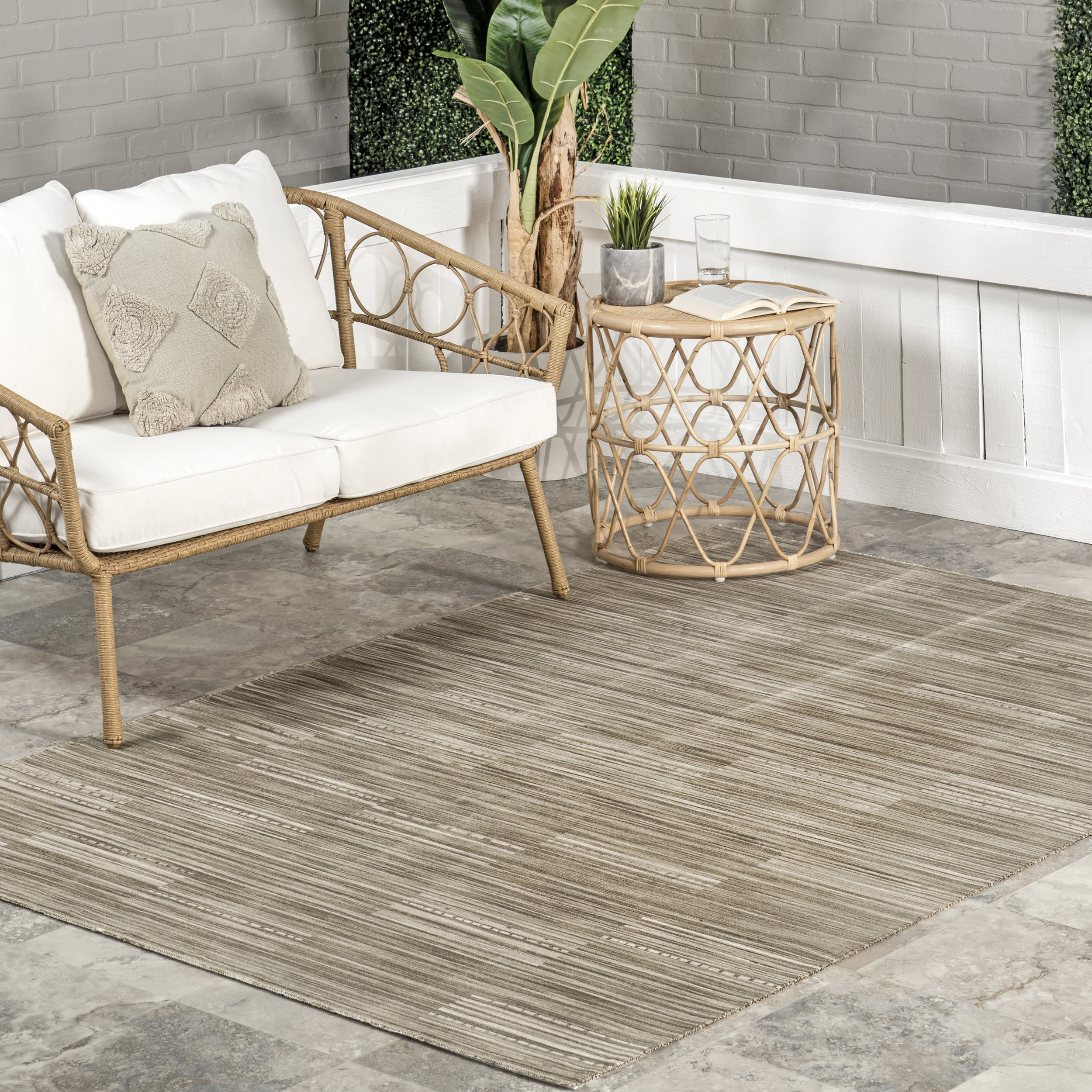 Lindy Striped Washable Indoor/Outdoor Rug | Beige - Image 2