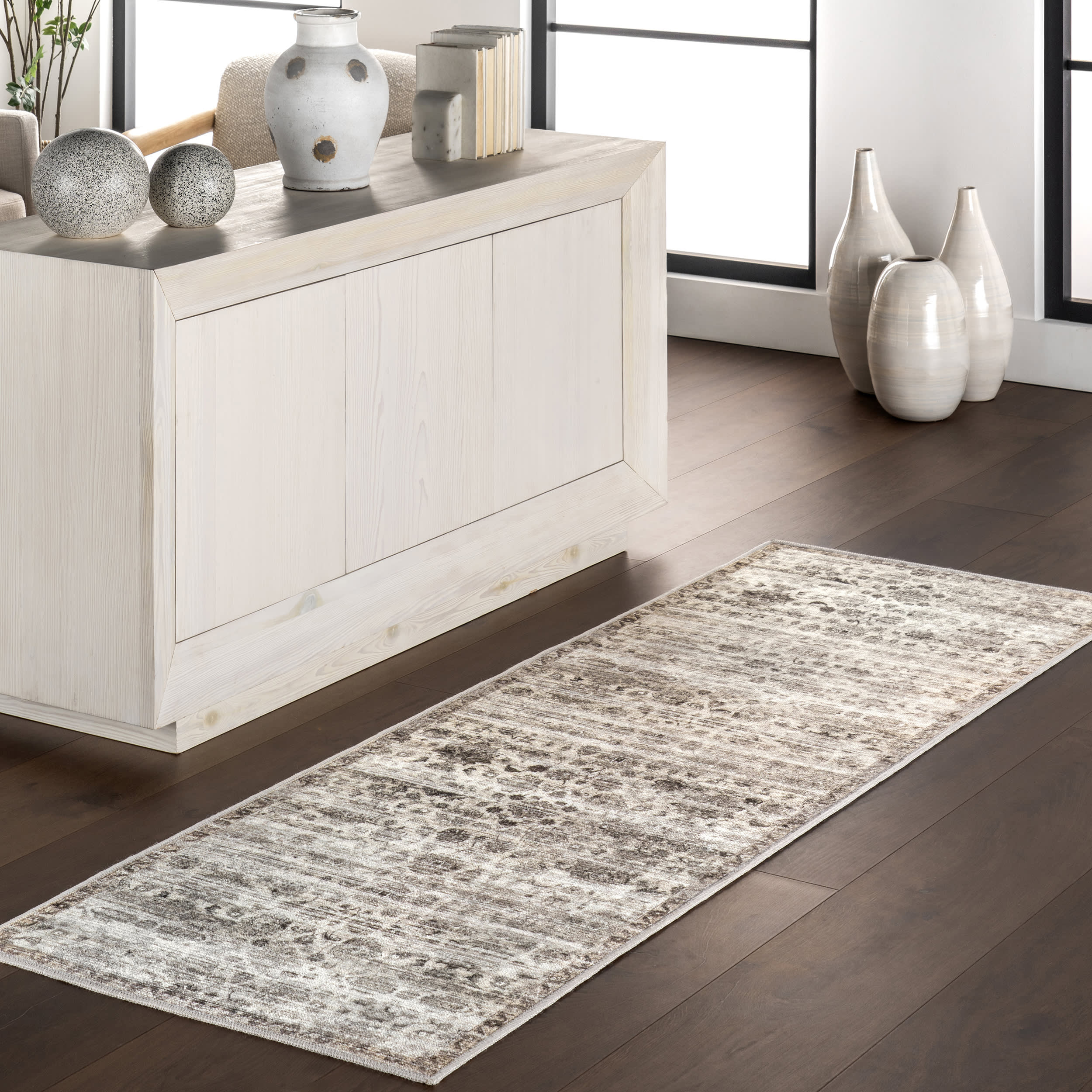 Louisa Vintage Floral Washable Rug | Taupe - Image 2