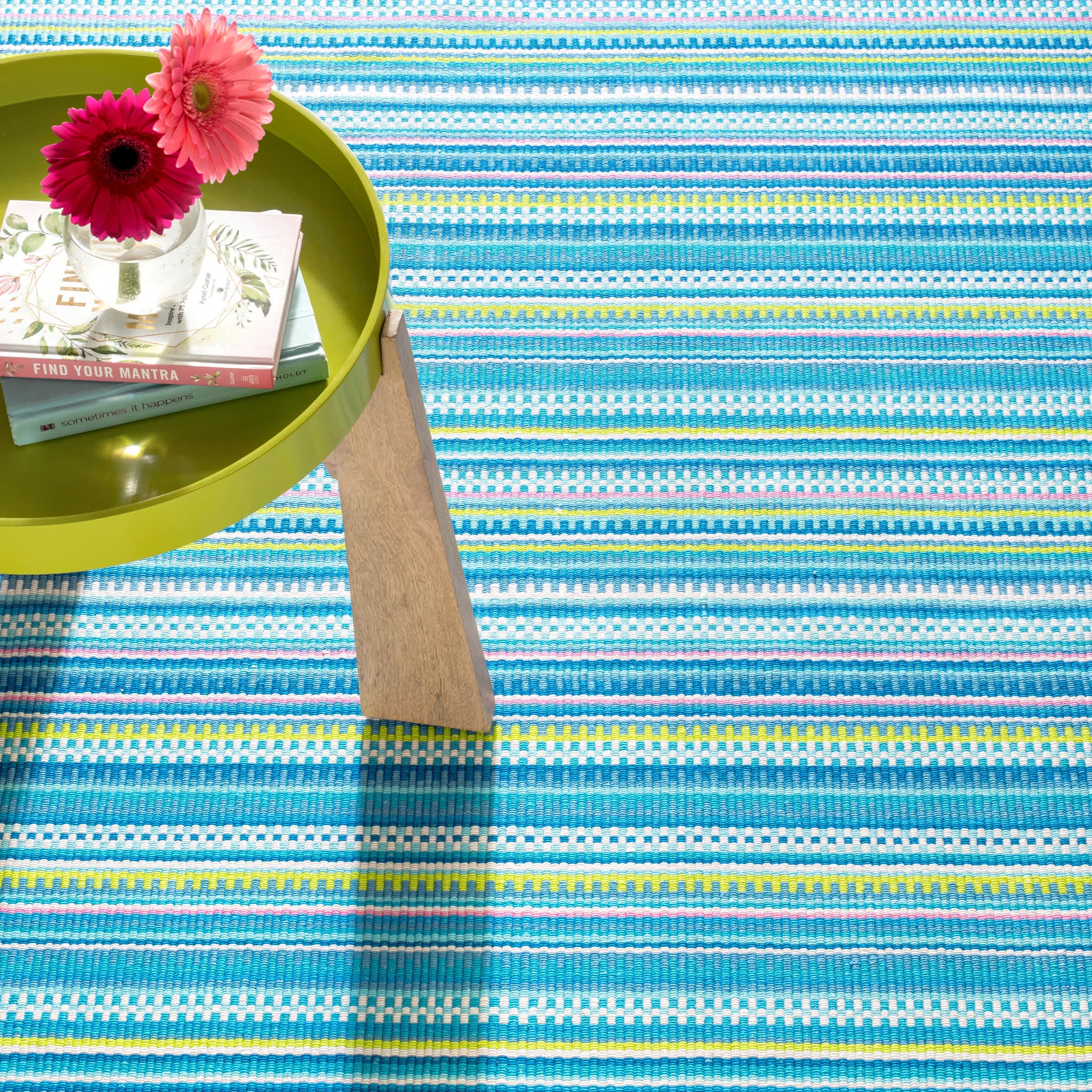 Lucky Stripe Handwoven Cotton Rug | Blue/Green - Image 3