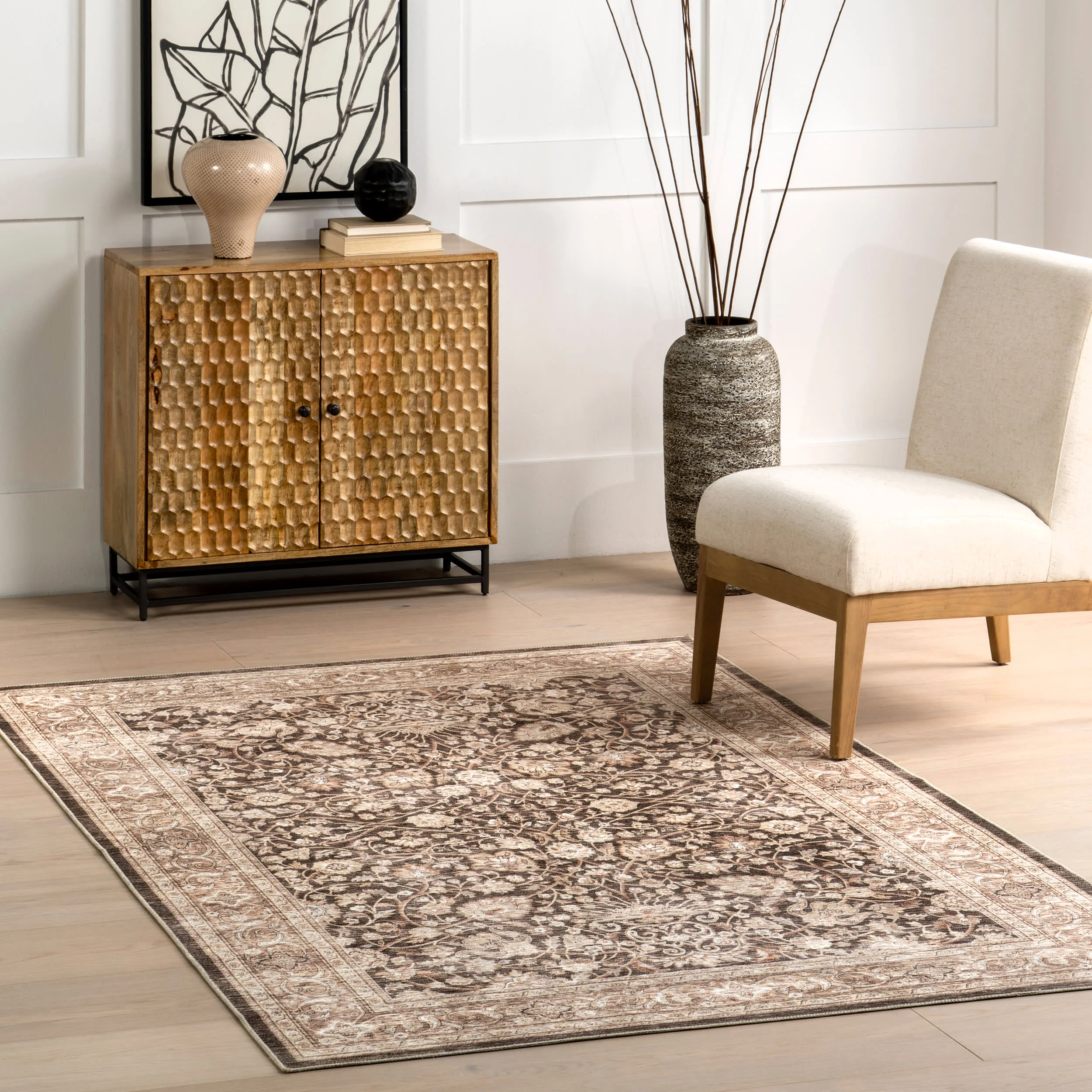 Madge Floral Spill Proof Washable Rug | Dark Brown - Image 2
