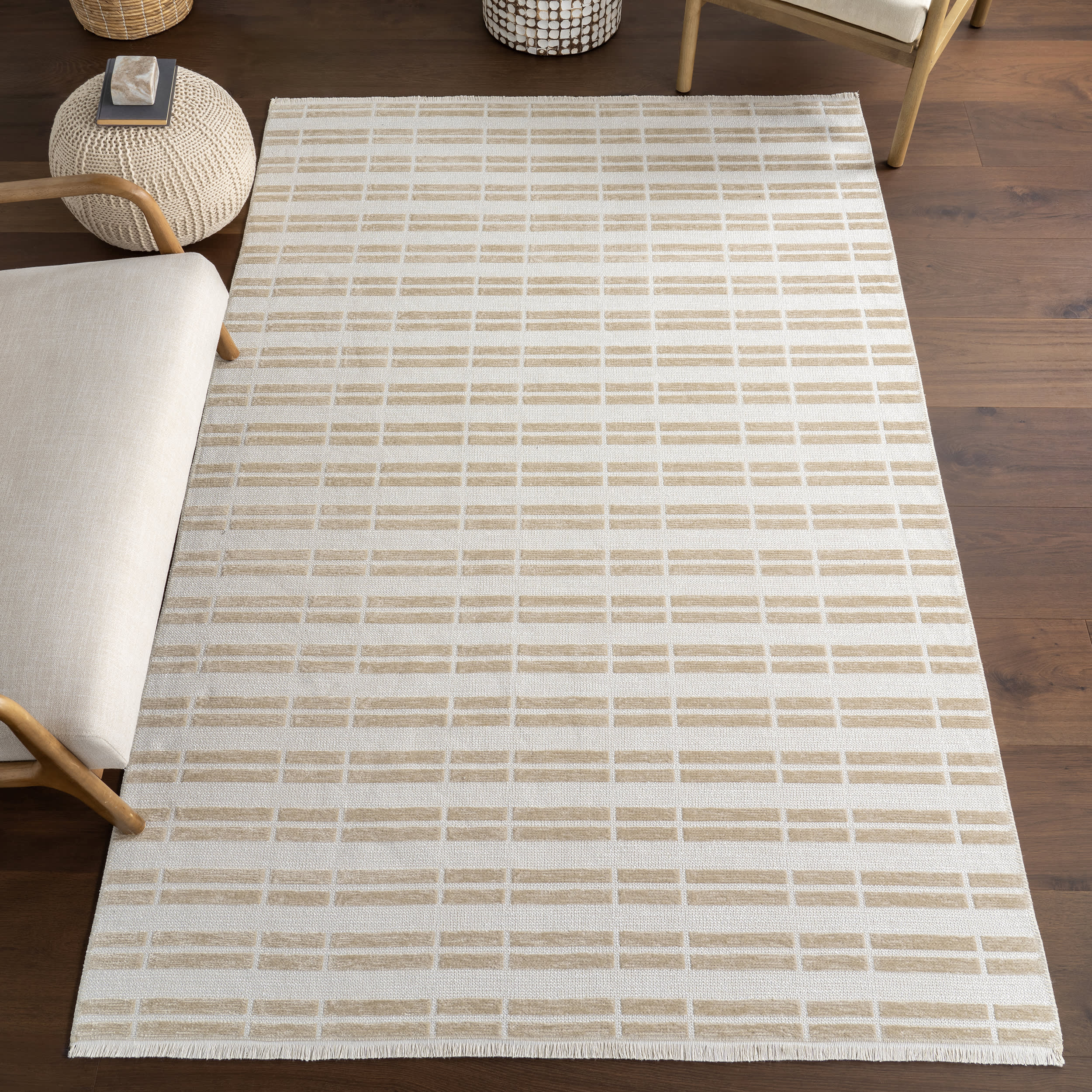 Malaya Striped Reversible Washable Rug | Taupe - Image 10