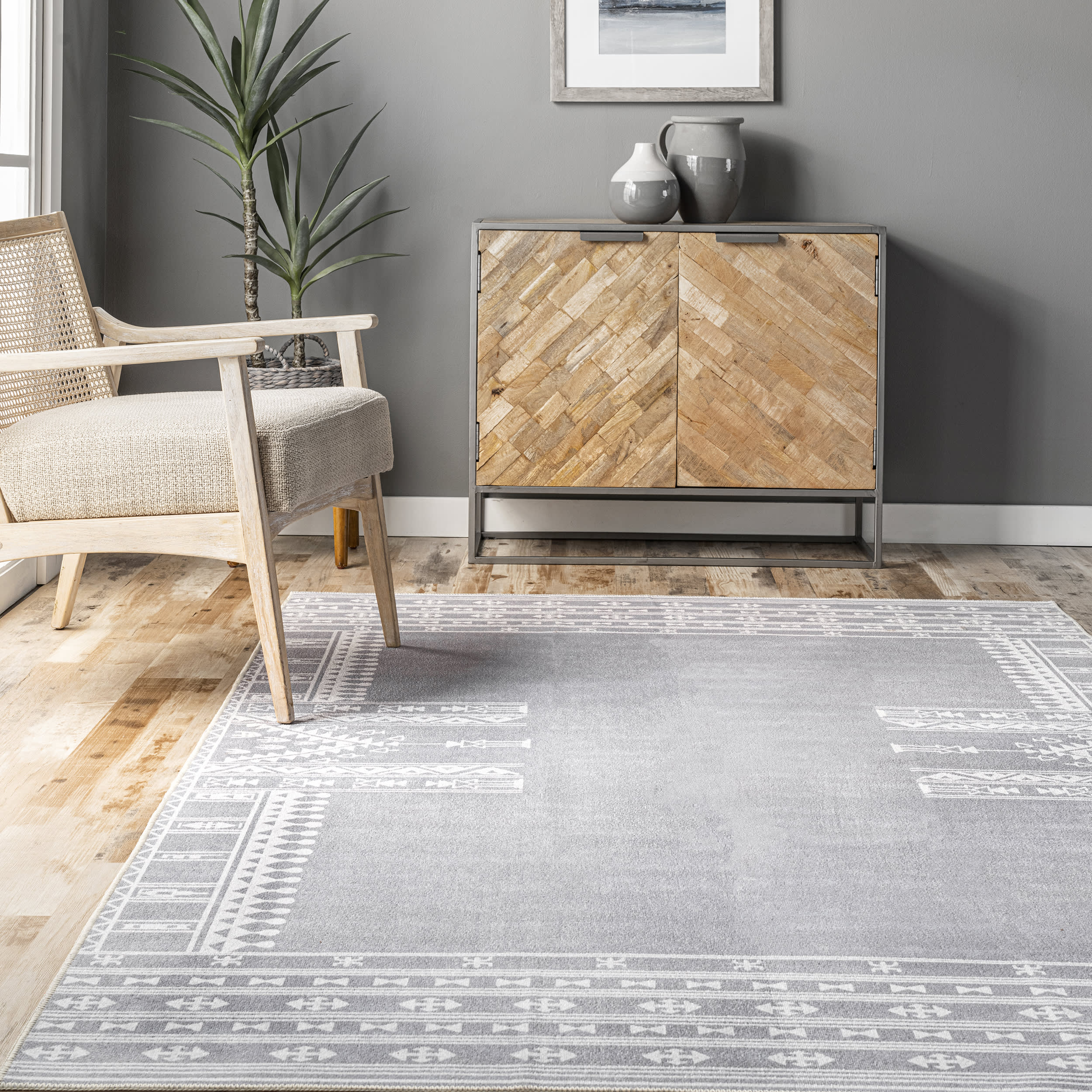 Margo Banded Geometric Washable Rug | Grey - Image 4