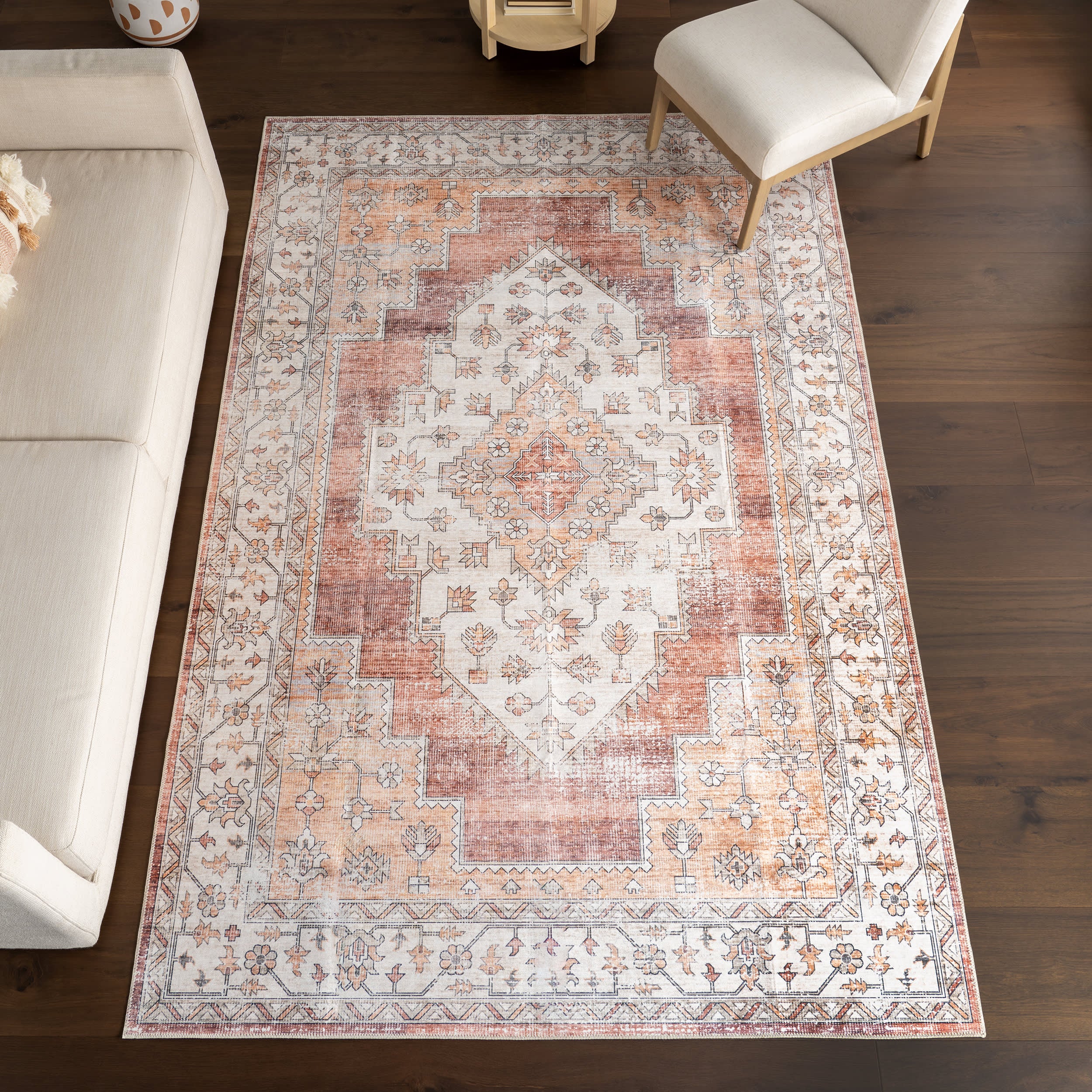 Maria Oasis Medallion Spill Proof Washable Rug | Rust - Image 2