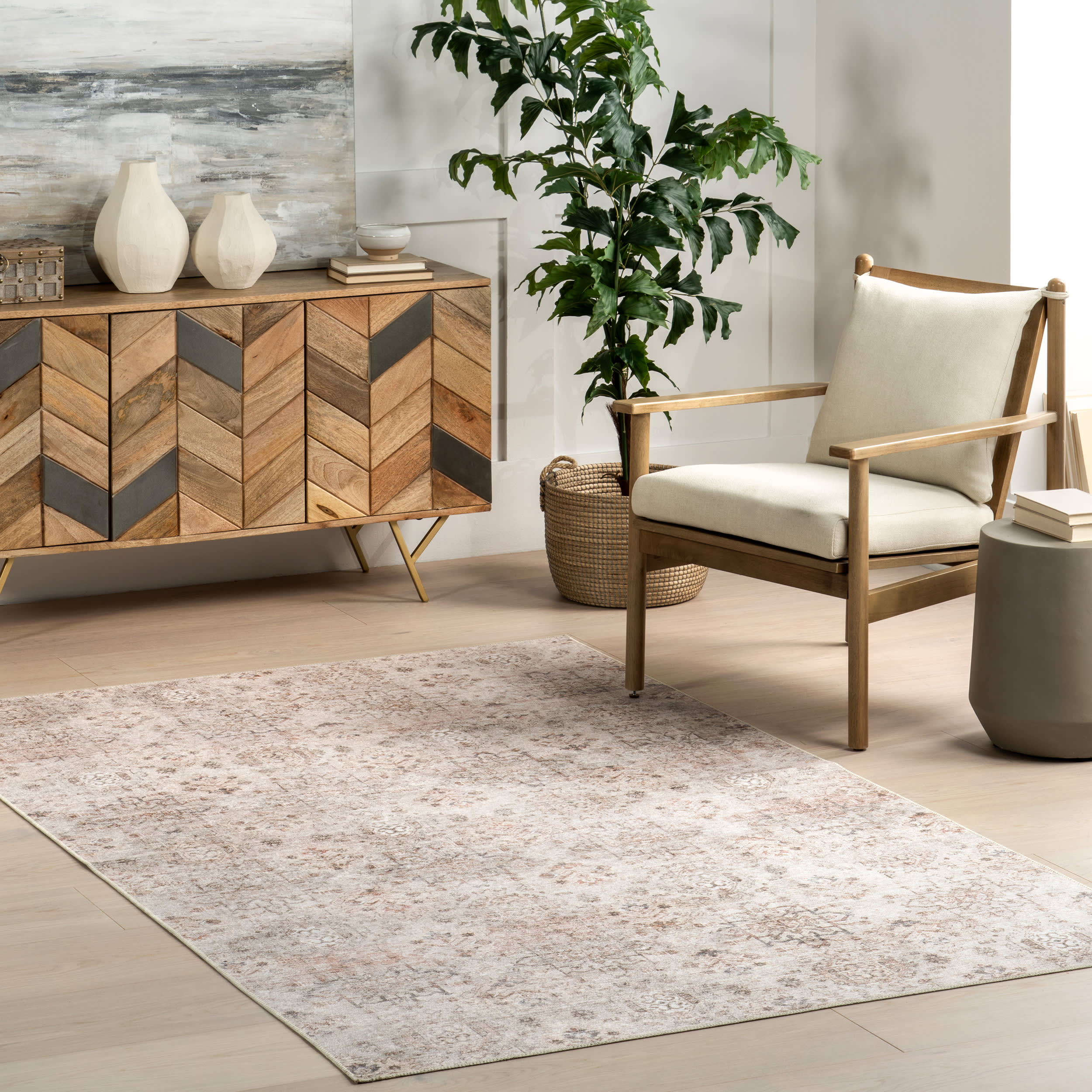 Marian Vintage Spill Proof Washable Rug | Light Beige - Image 2