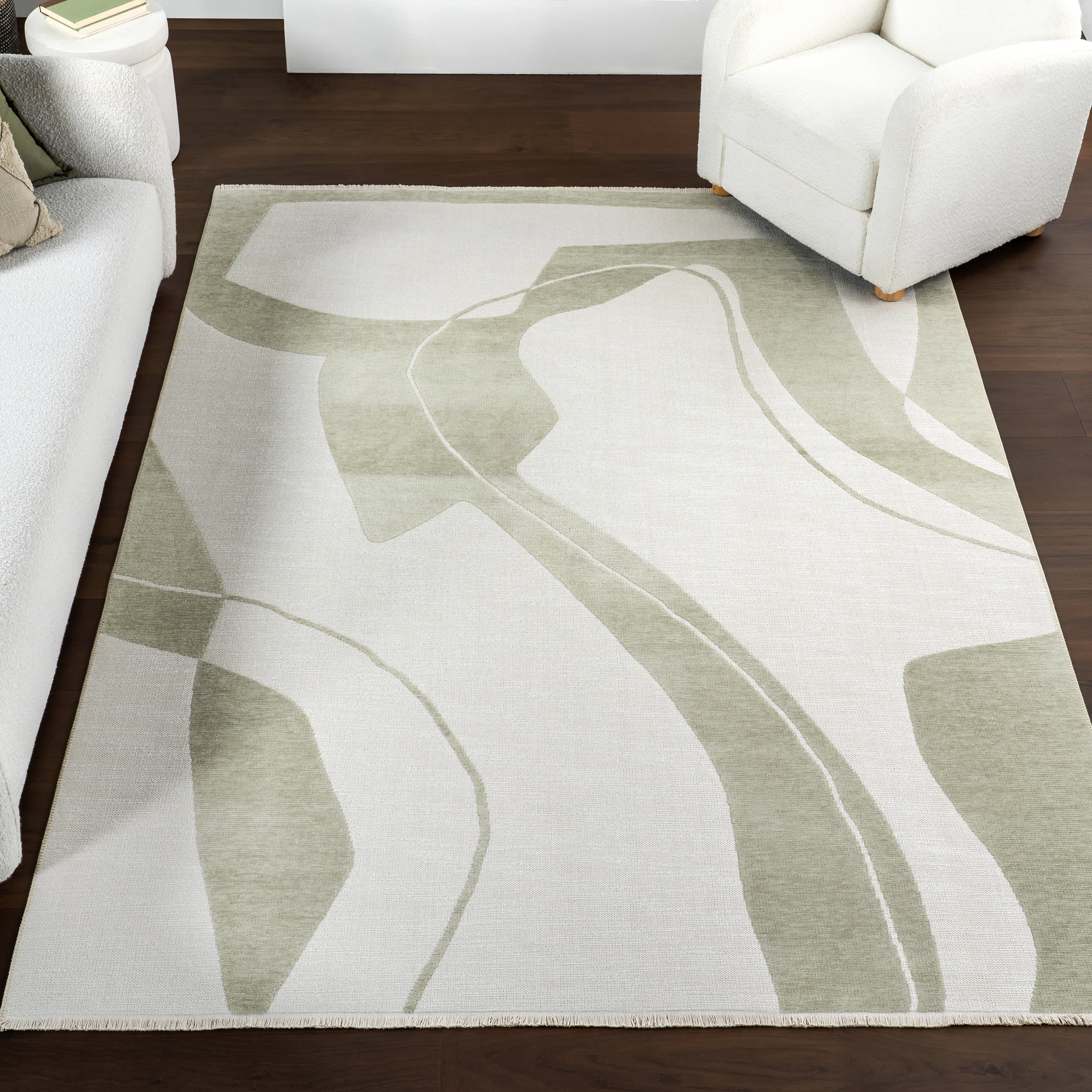Marion Abstract Fringed Reversible Washable Rug | Green - Image 10