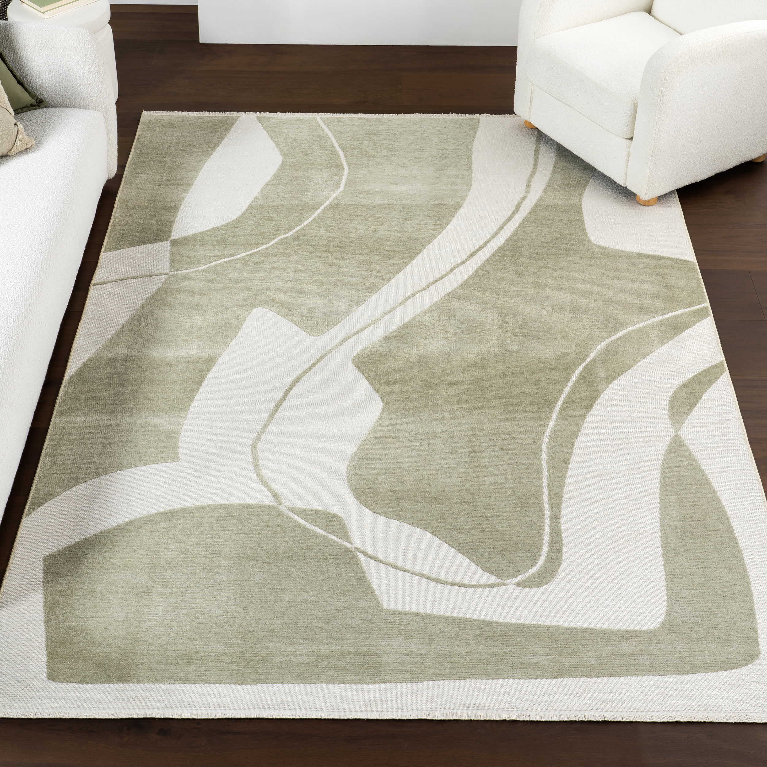 Marion Abstract Fringed Reversible Washable Rug | Green - Image 2
